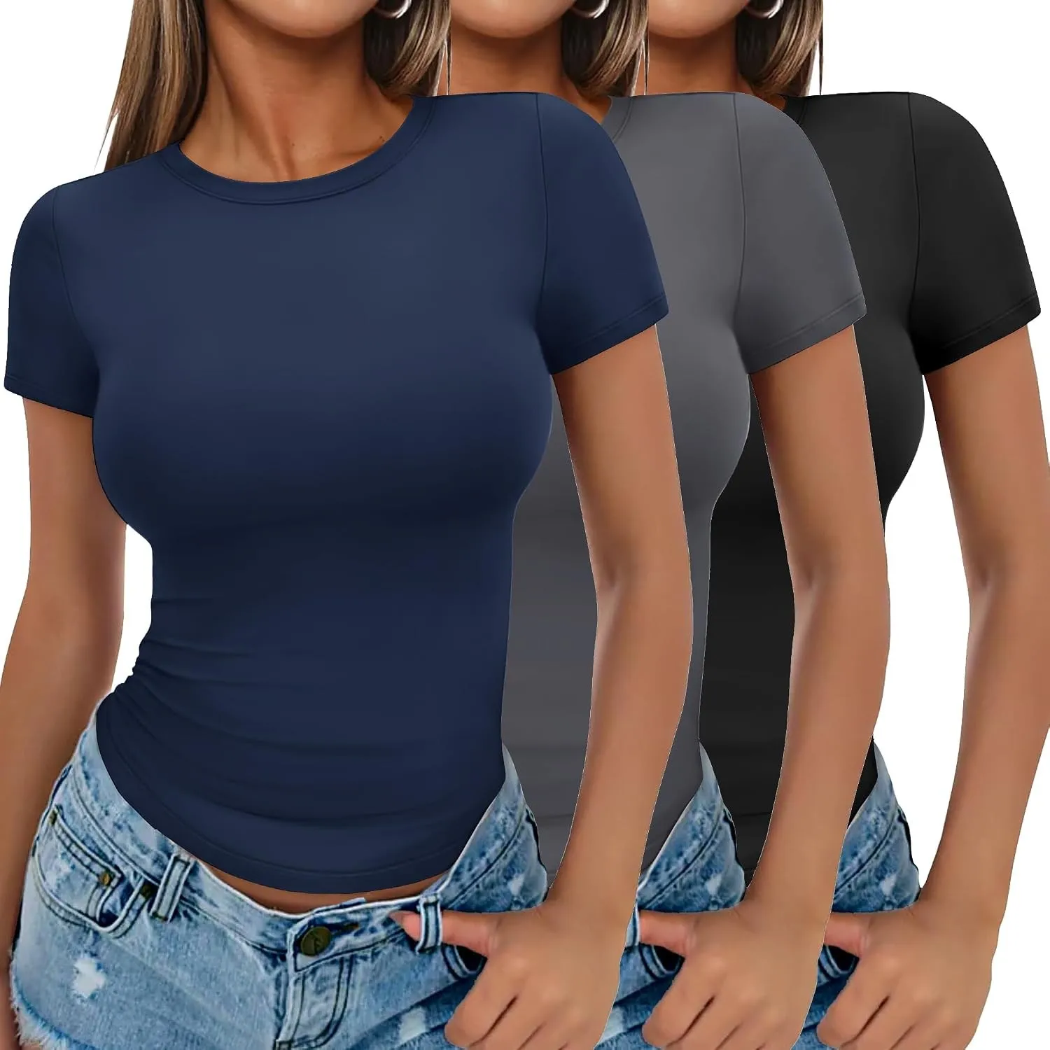 Ekouaer Damen T-Shirts 1&3 Pack Basic Top Set Oberteil Kurzarm Unterhemd