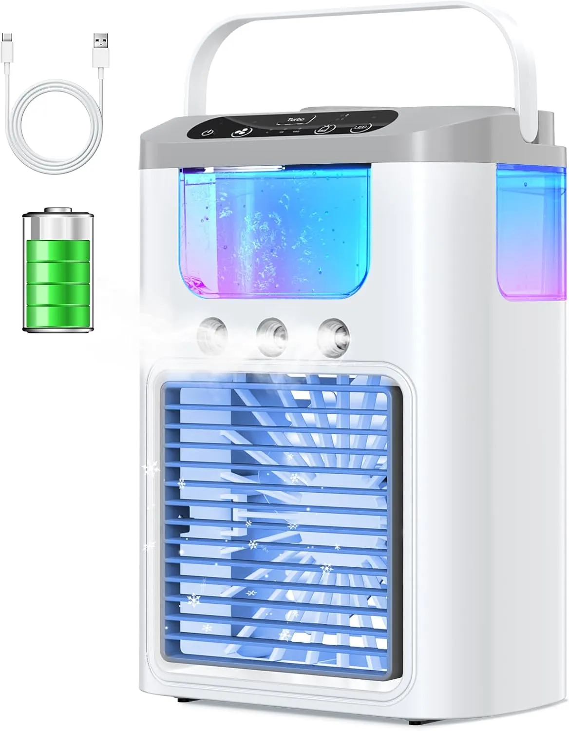 Mini Klimagerät Mobile Klimaanlage 1200 mAh Akku Luftkühler mit 600ml Wassetank Mini Mini Ventilator Air Conditioner Camping Kleine Klimaanlage Tragbar 7 Farben Nachtlicht 3 Sprühmodi Wiederaufladbar
