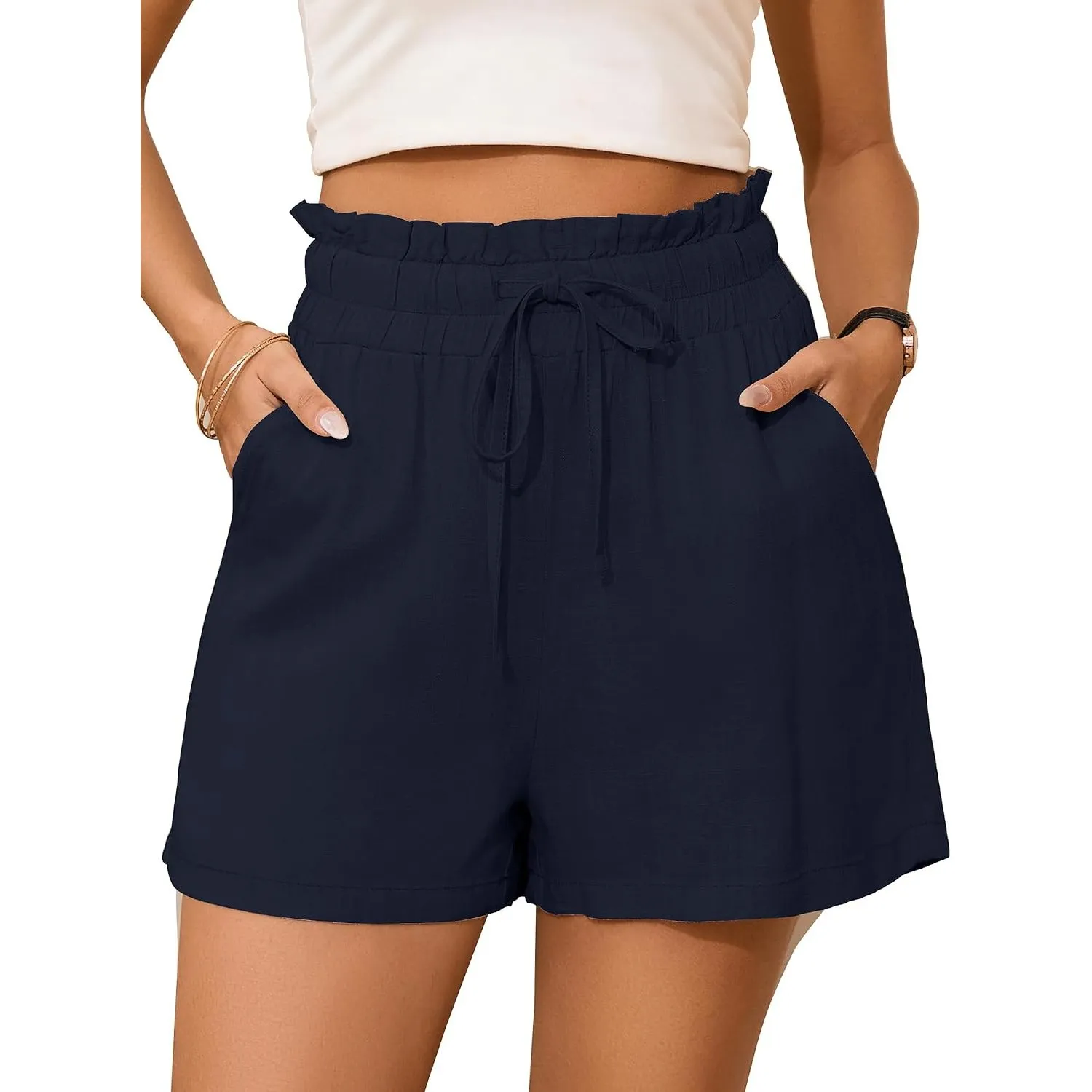 StylSense Kurze Hose Damen Sommer Leinen Musselin Bermuda Shorts High Waist mit Gummizug und Taschen
