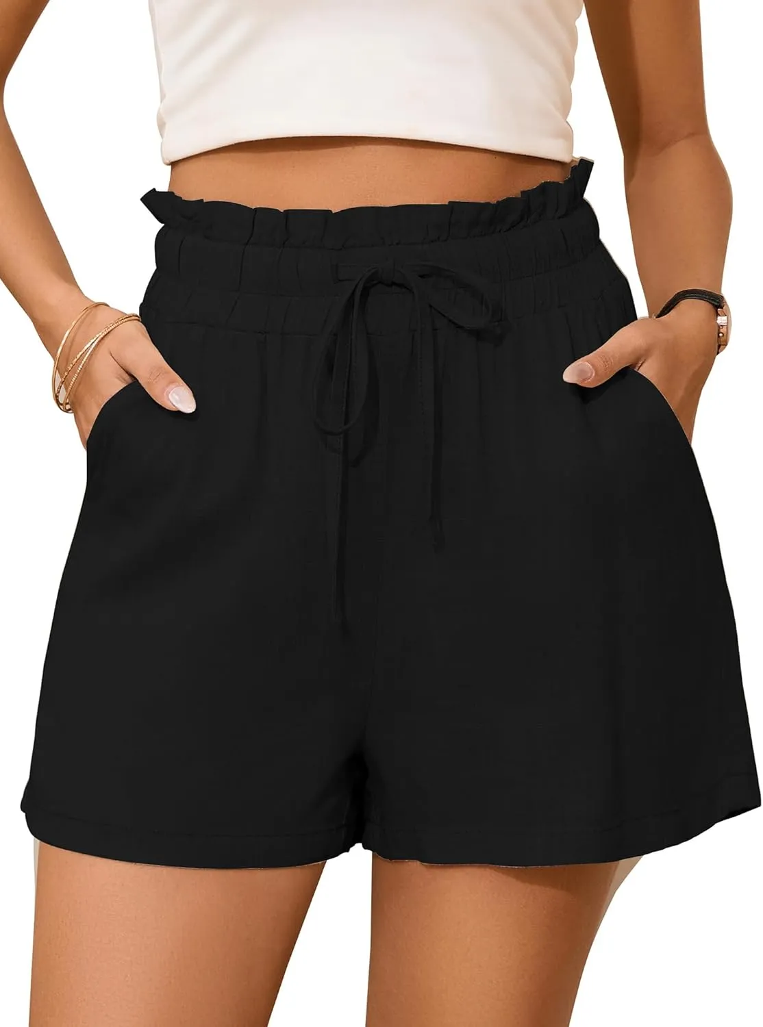 StylSense Women's Summer Linen Muslin Bermuda Shorts Cotton High Waist with Elastic and Pockets