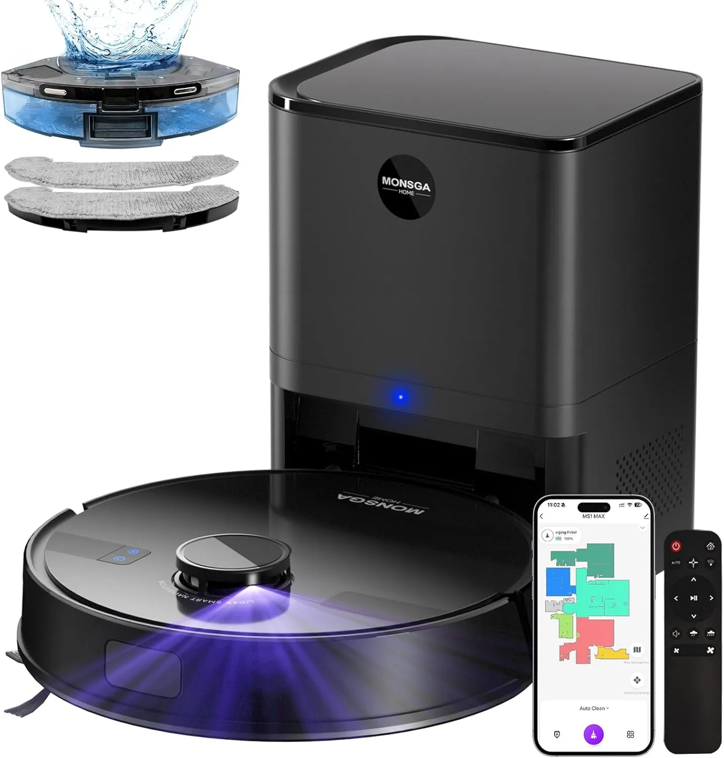 MONSGA Saugroboter mit Wischfunktion, 3.5L Staubsauger Roboter mit Absaugstation, 5000Pa Saugkraft, 180Min Laufzeit, Li…