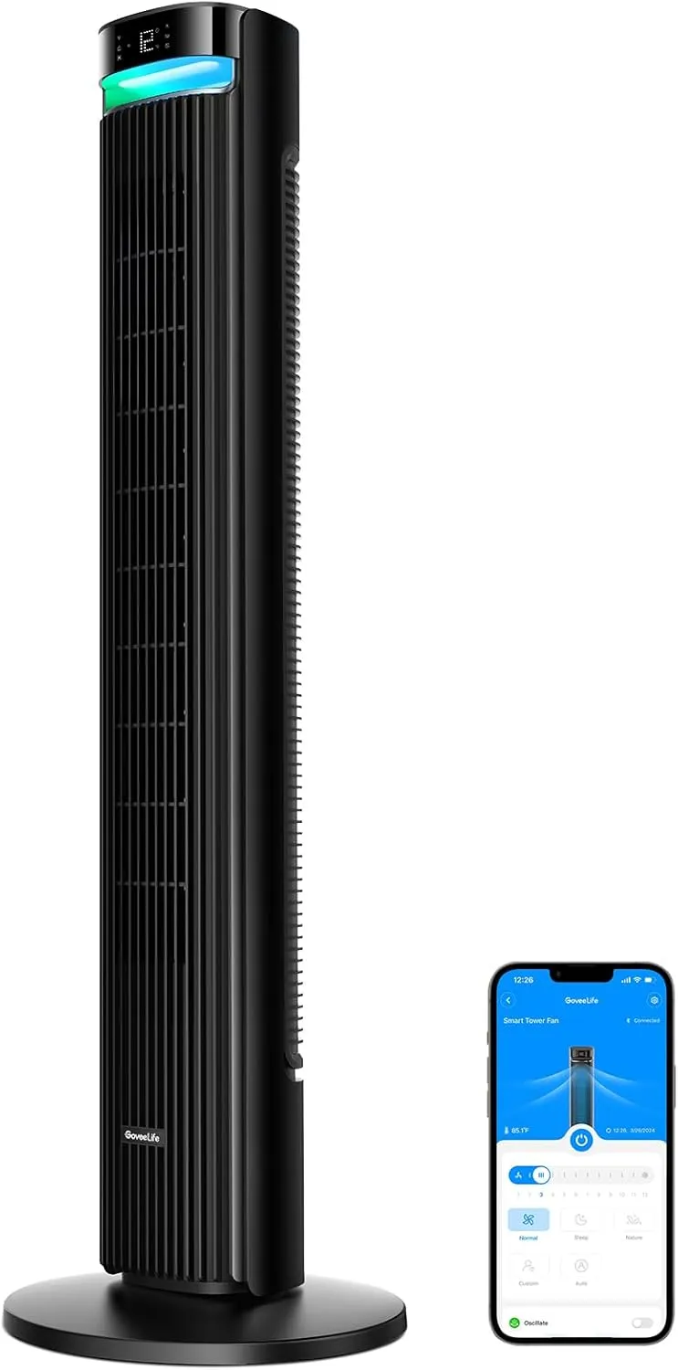 GoveeLife Quiet Fan, 12 Speeds up to 8m/s, 5 Modes, 24-Hour Timer, Intelligent Tower Fan with 150° Oscillation, App and…