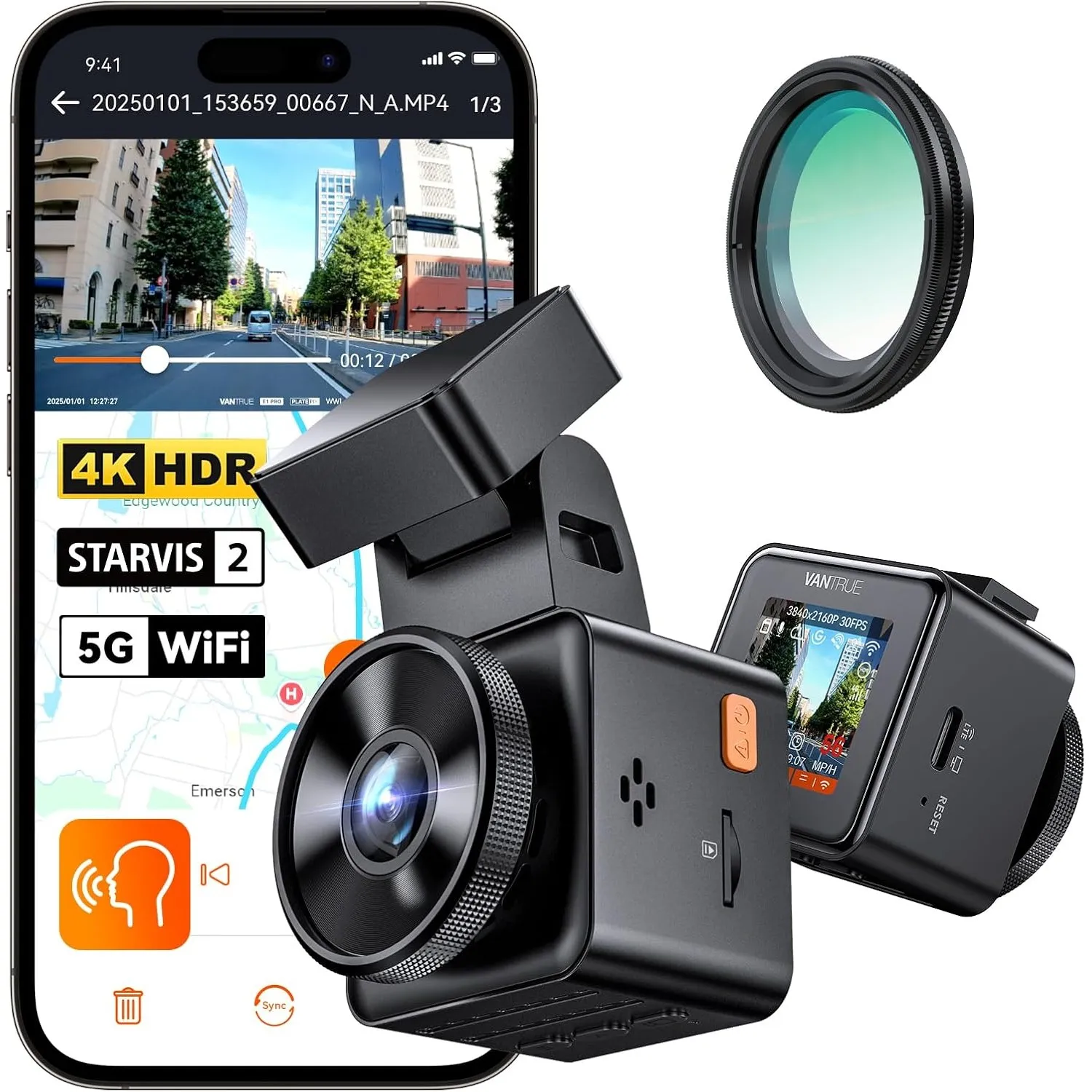 VANTRUE E1 Pro 4K HDR STARVIS 2 Dashcam Auto Vorne, Mini Dash Cam mit CPL