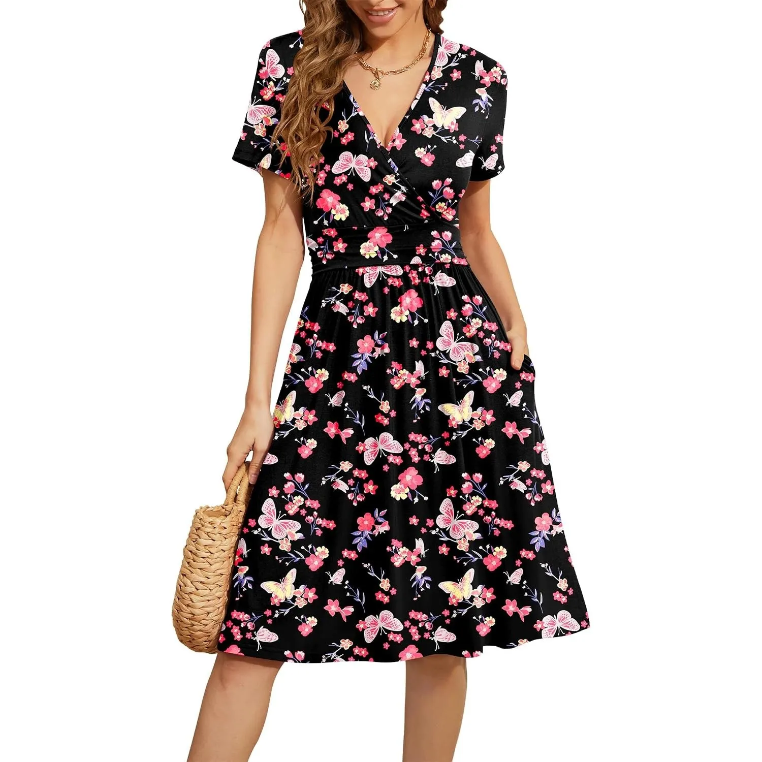 Actcat V-Ausschnitt Kleid Kurzarm Casual Kleider Sommerkleid mit Taschen | mit Taschen,Wrap,Elegant,a linie,Freizeitkle…