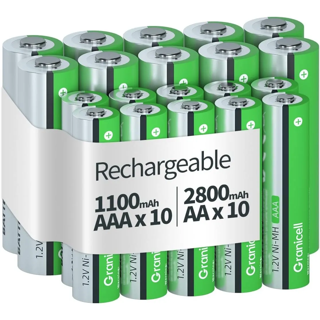 Granicell 20 Stück AA AAA Wiederaufladbare Batterien,Hohe Kapazität 10-Pack AA 2800mAh & 10-Pack AAA 1100mAh,1.2V NiMH …