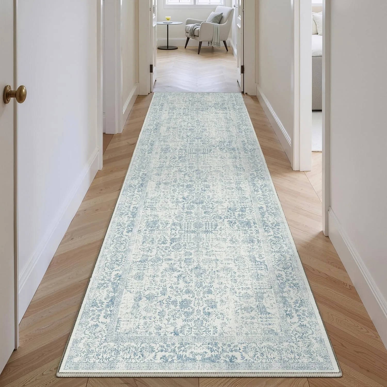 HUGEAR Blau Vintage Teppich Läufer Flur 60x240cm Waschbar | Waschbarer Teppich, Rutschfest Weich, Kurzflor Retro, für V…
