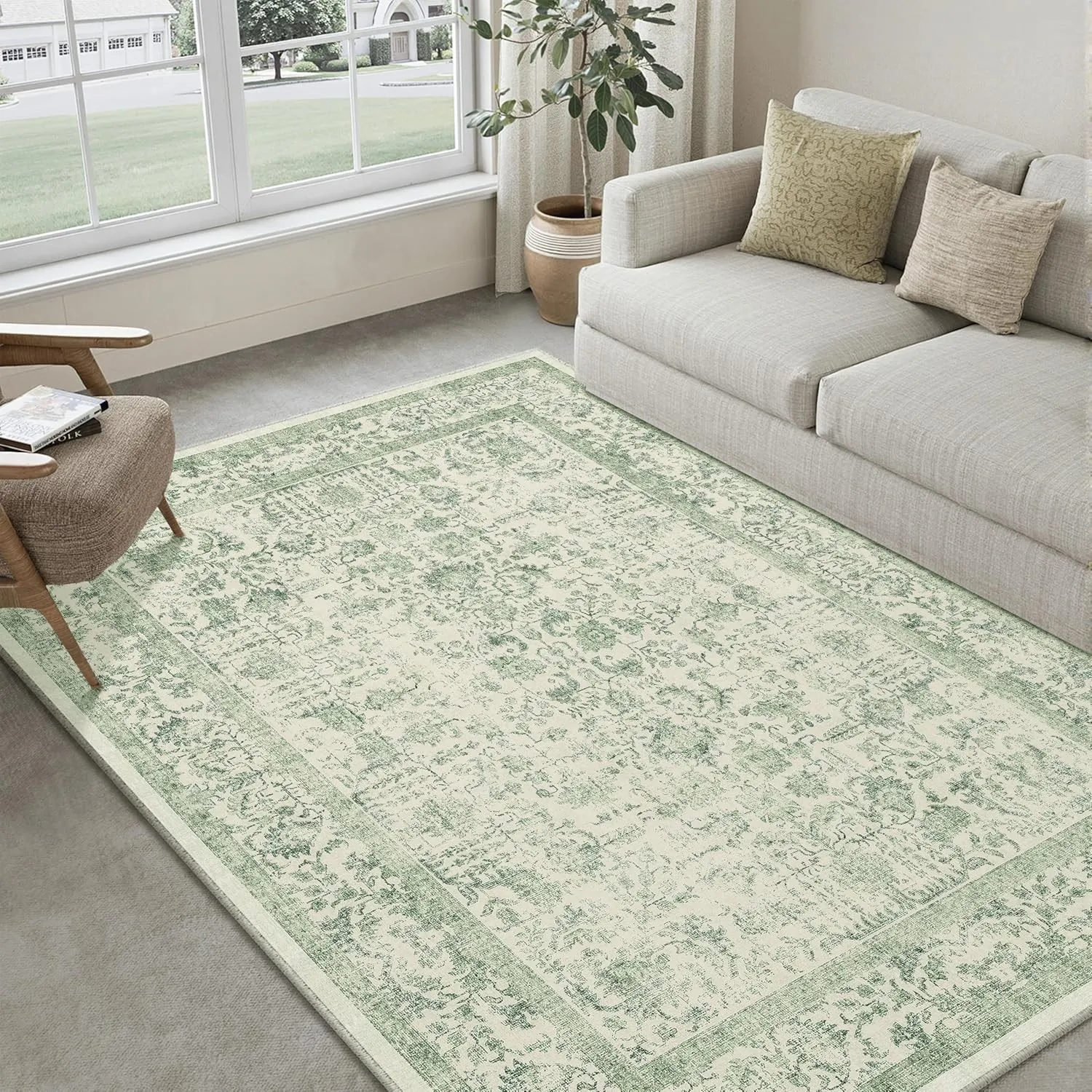 HUGEAR Grün Vintage Teppich Wohnzimmer 150x210cm Waschbar | Waschbarer Retro Teppich,Weich,Rutschfest Kurzflor,Groß,für…