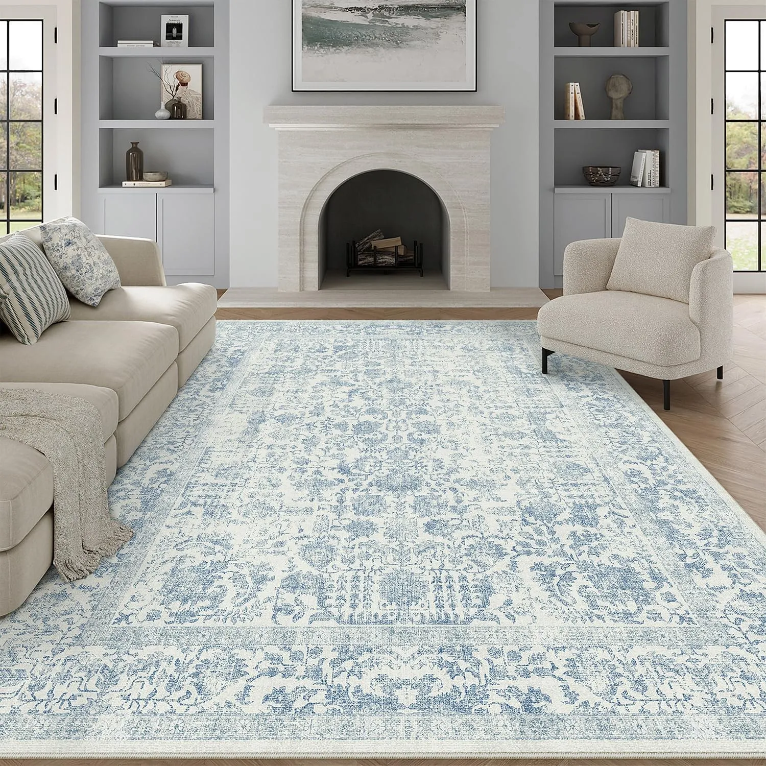 HUGEAR Blau Vintage Teppich Wohnzimmer 240x300cm Waschbar