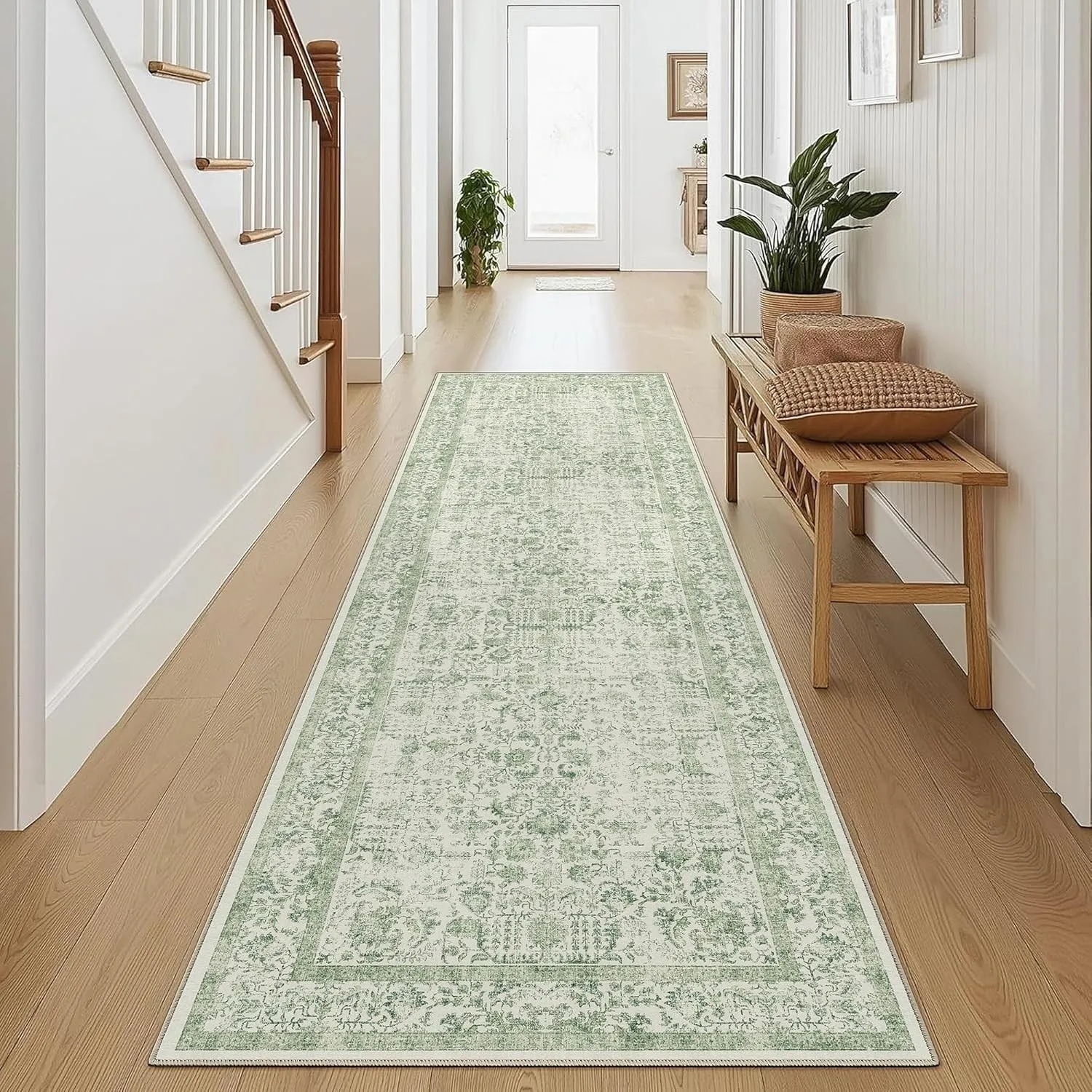 HUGEAR Grün Vintage Teppich Läufer Flur 60x240cm Waschbar | Waschbarer Teppich, Rutschfest Weich, Kurzflor Retro, für V…
