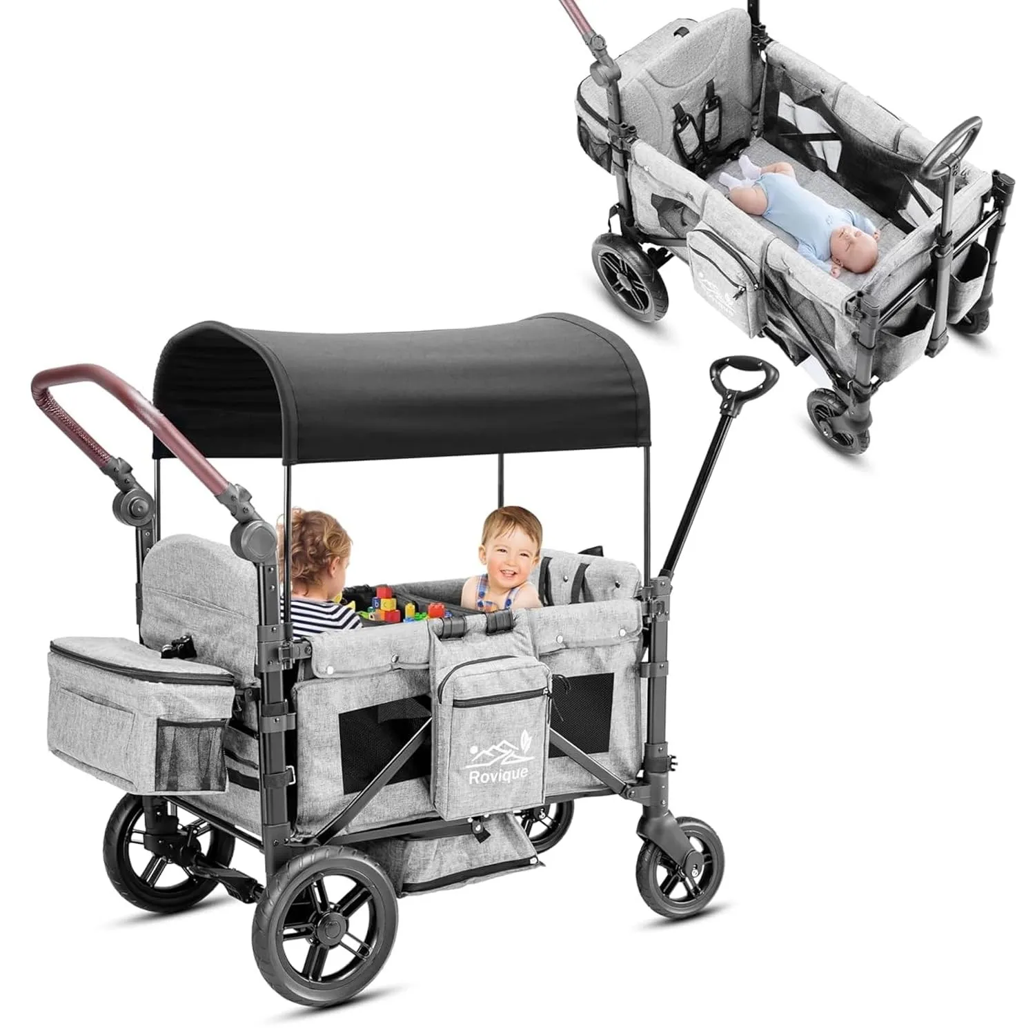 Bollerwagen faltbar mit Dach,Premium Bollerwagen für 2 Kinder Doppel-Kinderwagen Handwagen mit Dach,Snack Tablett,5-Pun…