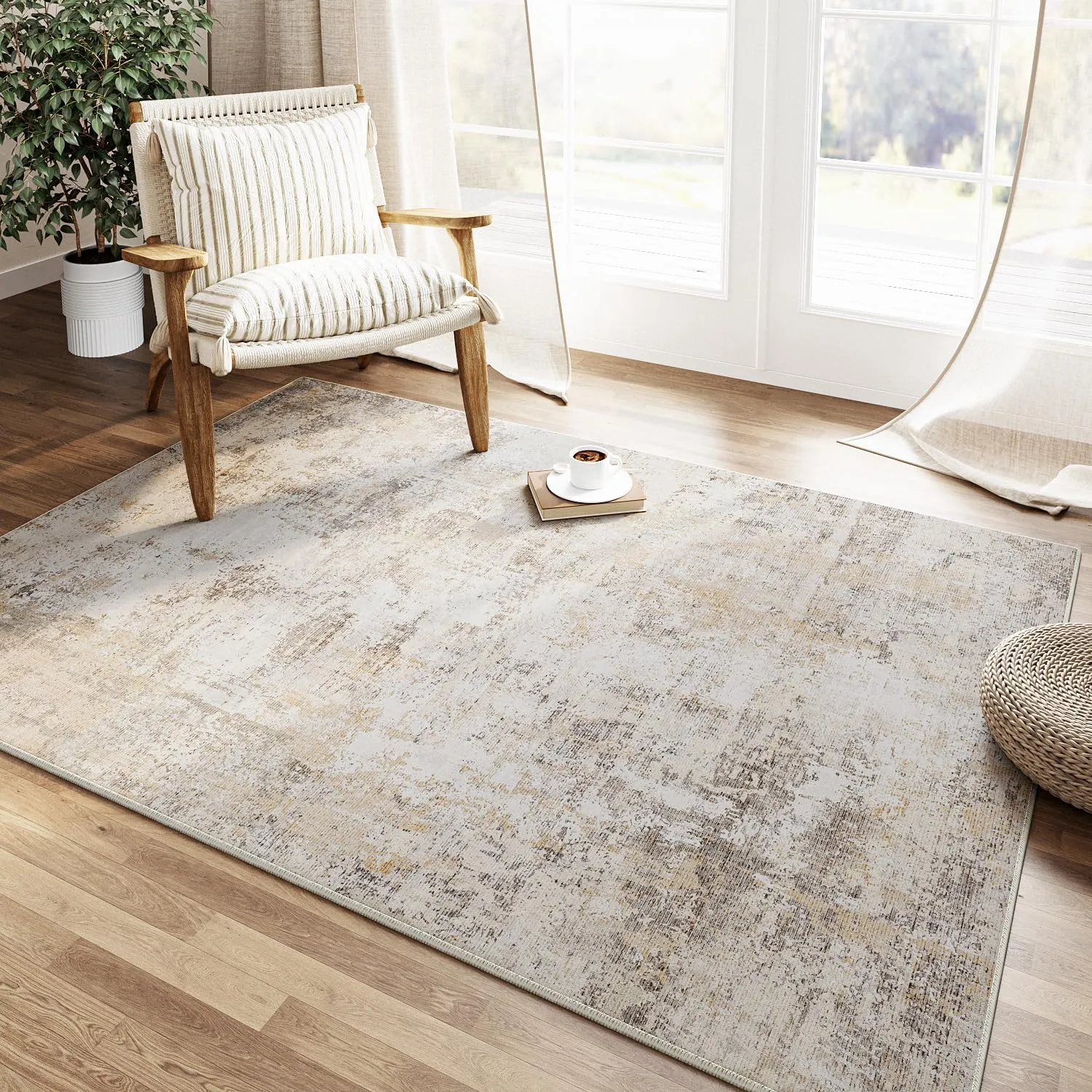 Waschbare Teppiche Gegend Teppich 90 x 150cm Beige Grau Modern Abstrakt Wohnzimmer Schlafzimmer Teppisch rutschfest Kur…
