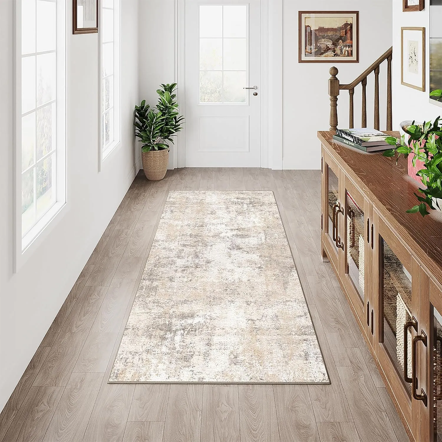 HUGEAR Beige Grau Läufer Flur Teppich 60x180cm Waschbarer | Waschbarer Modern Abstrakter Läufer, Rutschfest, Kurzflorig…