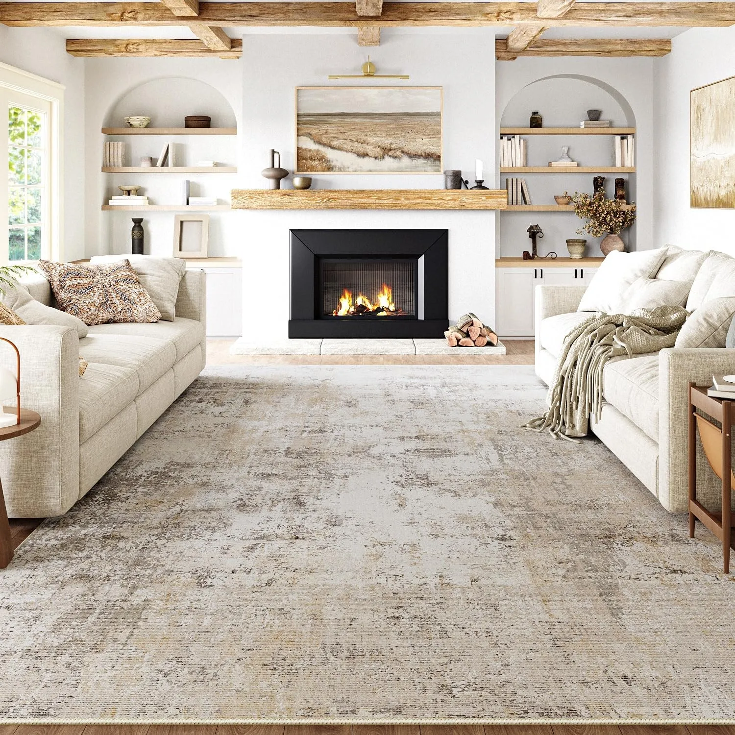 HUGEAR Beige Grau Teppich Wohnzimmer 240x300cm Waschbarer | Waschbarer Modern Abstrakter Teppich,Rutschfest, Kurzflorig…