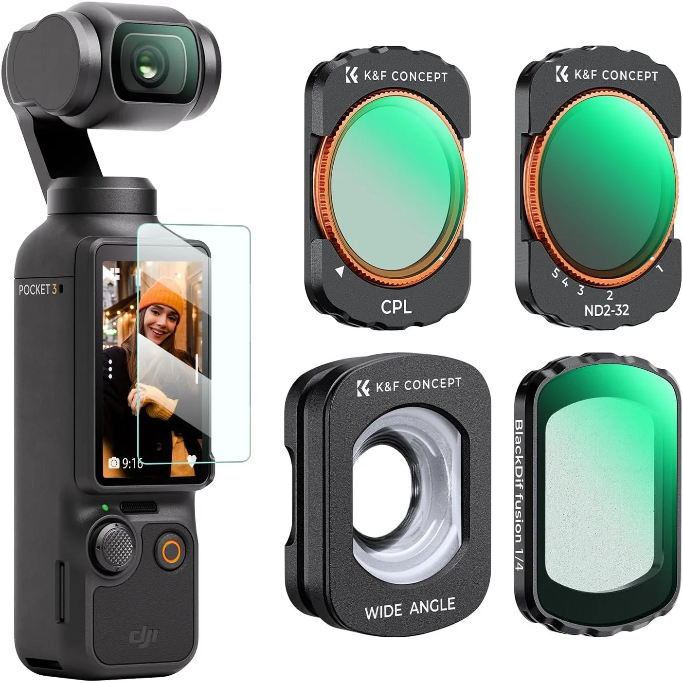 K&F CONCEPT FSD01 magnetisches Filter Set, kompatibel mit DJI Osmo Pocket 3/4, 4 Pack CPL+Schwarzfilter 1/4 Filter+ND2-…