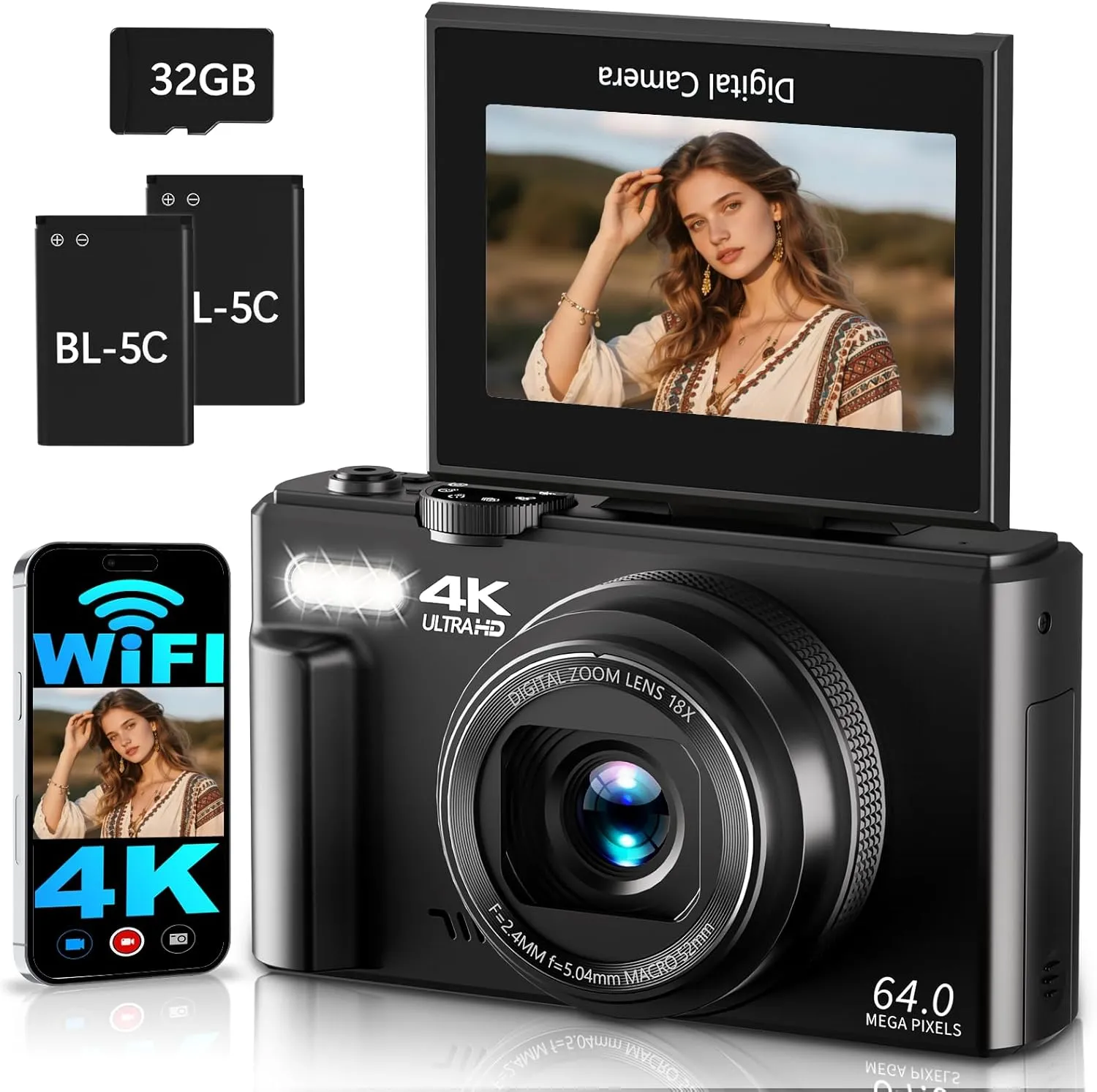 4K Digitalkamera mit WLAN 64MP Kamera Fotokamera 3" 180° Klappbildschirm Fotoapparat Digitalkamera für Kinder Anfänger,…
