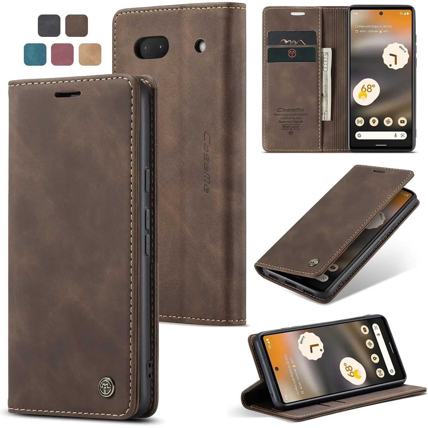 Handyhülle für Google Pixel 6A klapphülle Premium Lederhülle Weiches Vintage-Nubukleder Faltbare Handytasche Ständer Sc…