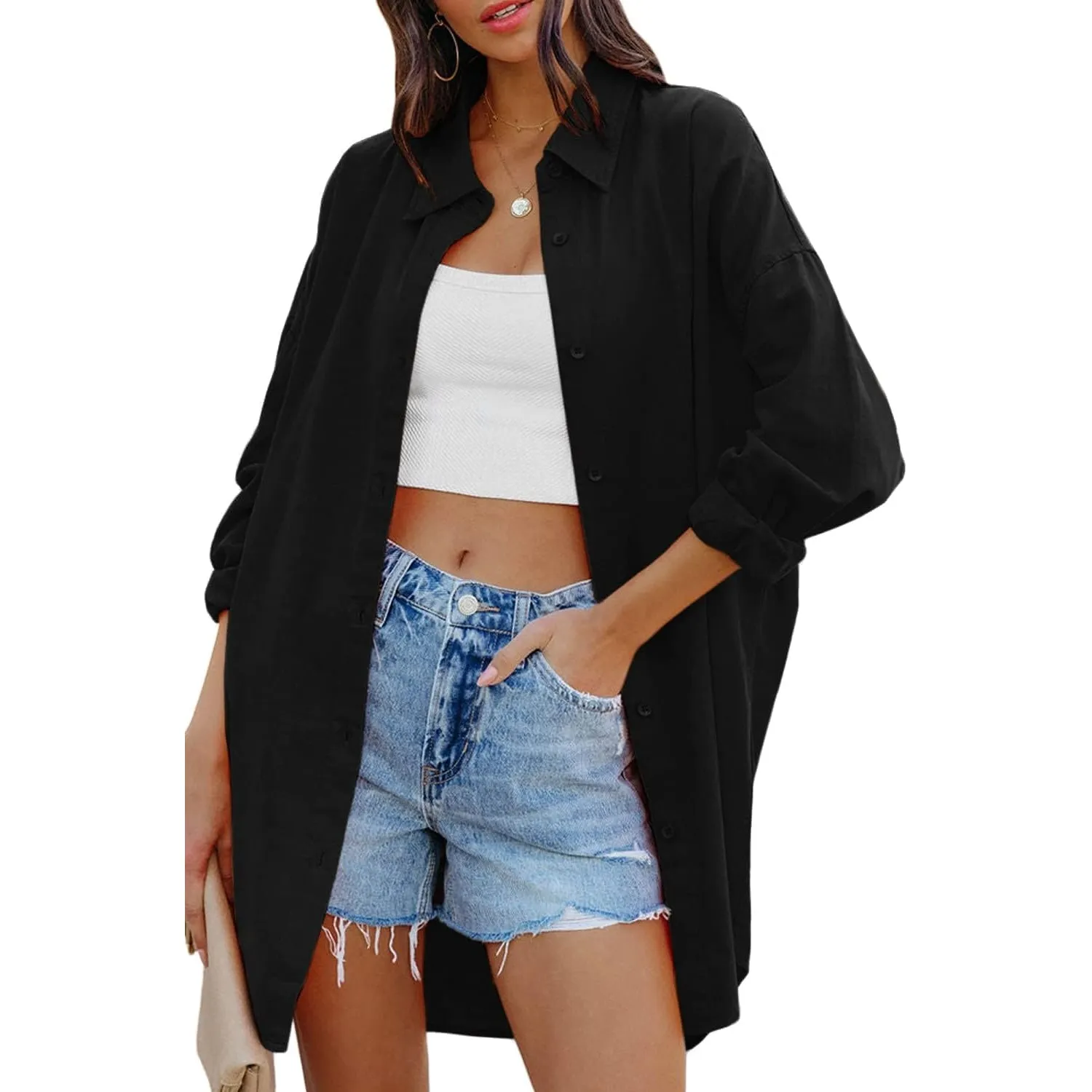 Cicy Bell Damen Bluse Oversized Langarm Button Down Shirts Baumwolle Oberteil Casual Einfarbig T-Shirts Herbst Locker T…