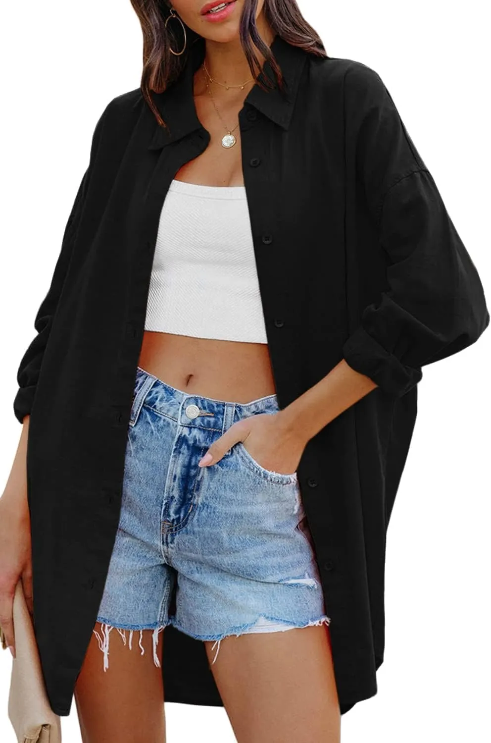 Cicy Bell Women's Blouse Oversized Long Sleeve Button Down Shirts Cotton Top Casual Plain T-Shirts Autumn Loose Tops wi…