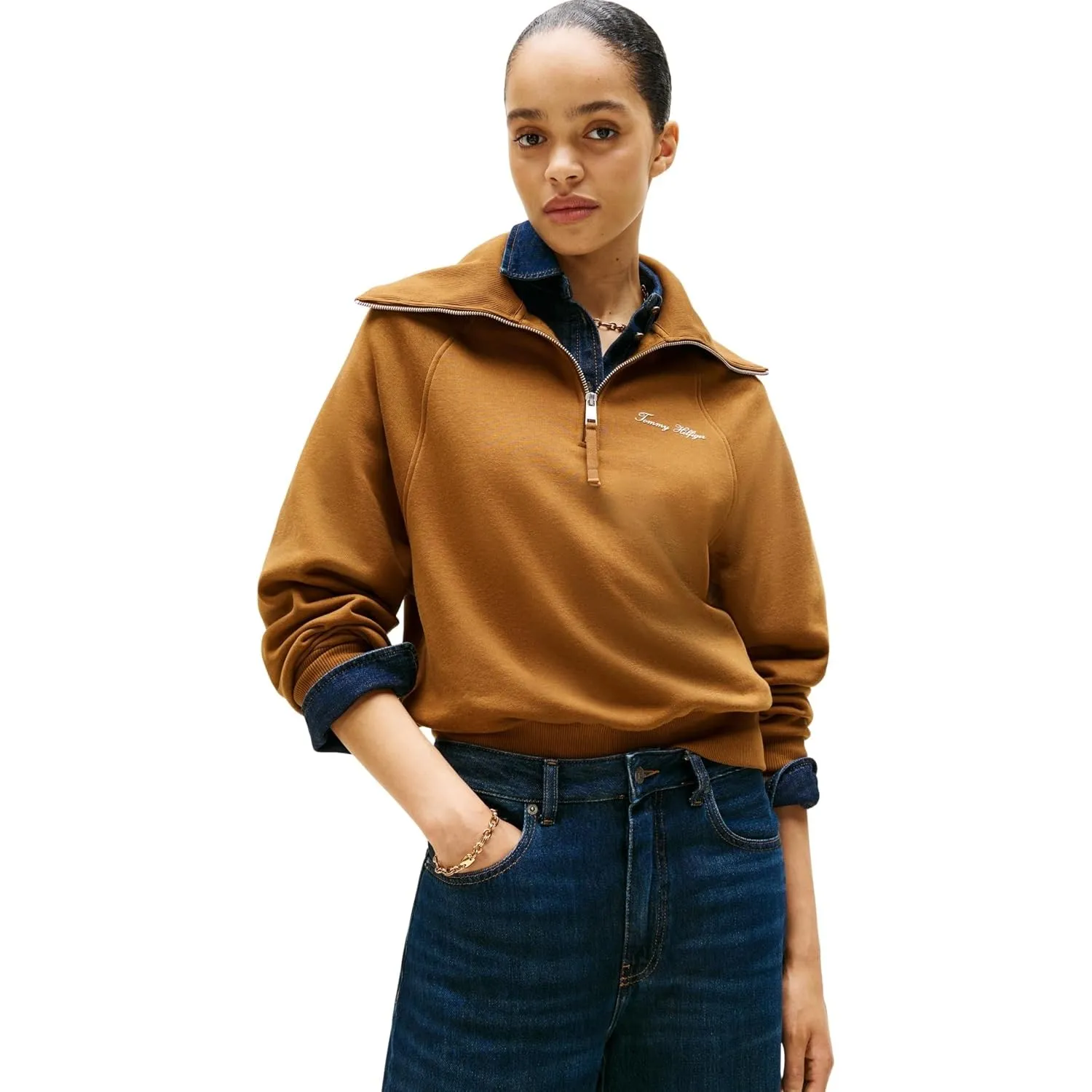Tommy Hilfiger Damen Sweatshirt mit Reißverschluss Classic Script Fleece Half-Zip