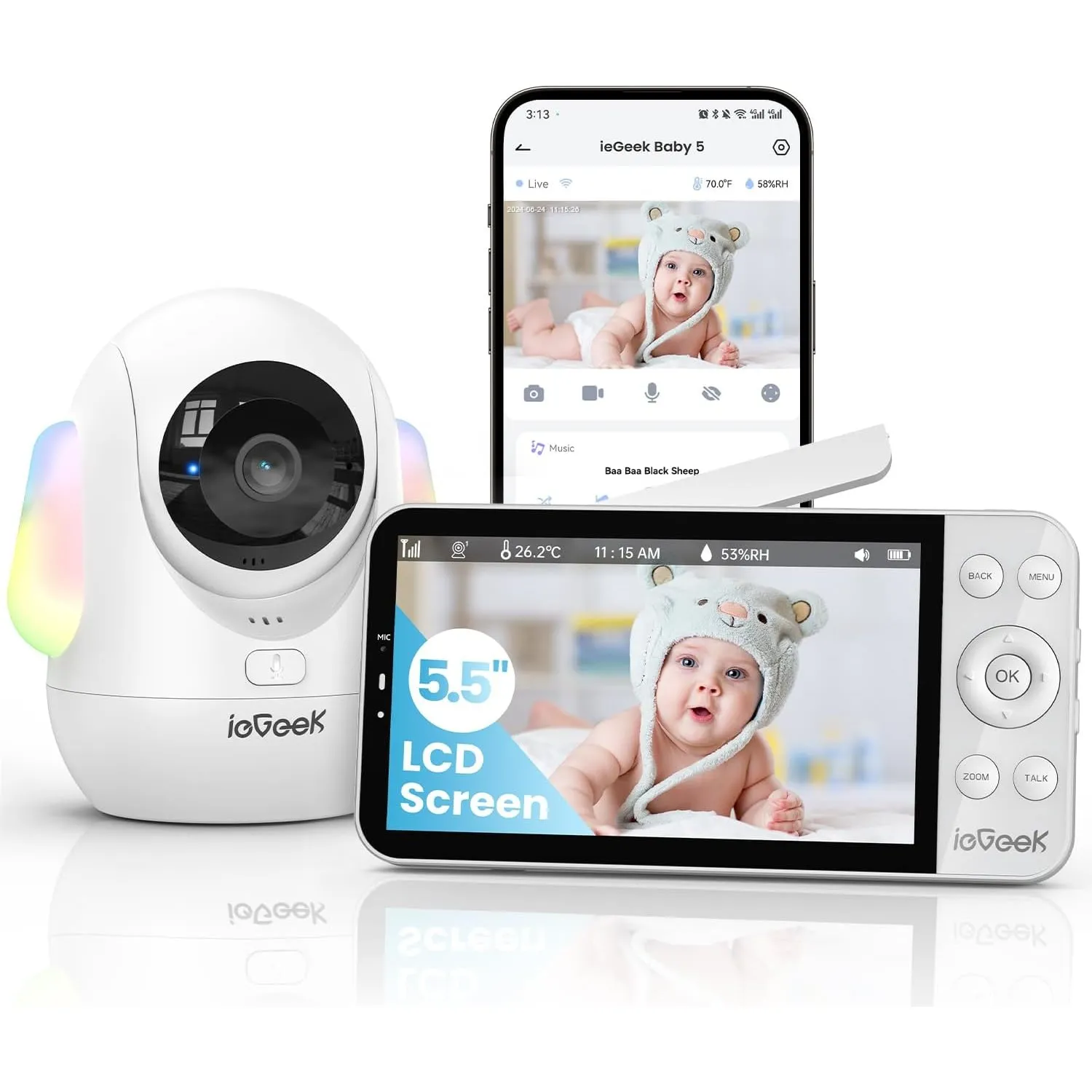 ieGeek Babyphone 2,5K/4MP, 5,5" WLAN, Nachtlicht, automatische Verfolgung