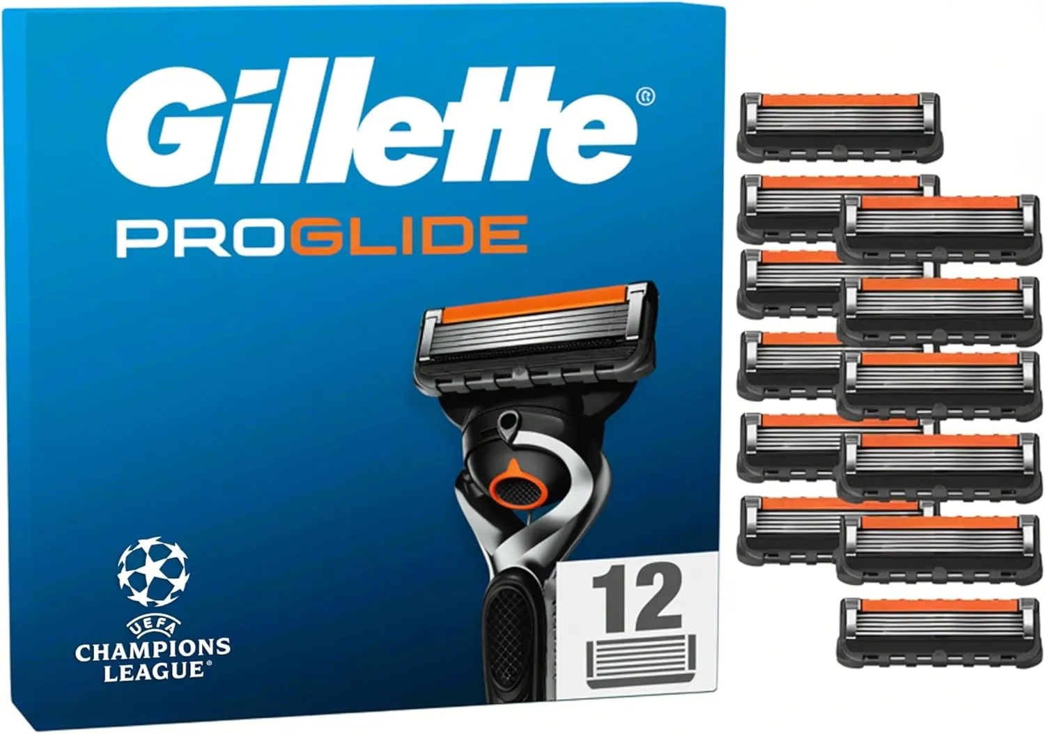 Gillette Proglide Klingen, 12 Original Ersatzklingen, Rasierklingen für Herren, 2x Gleitstreifen vor und nach den Klingen und EverGlide Gleitstreifen für unglaubliche Gründlichkeit und Komfort
