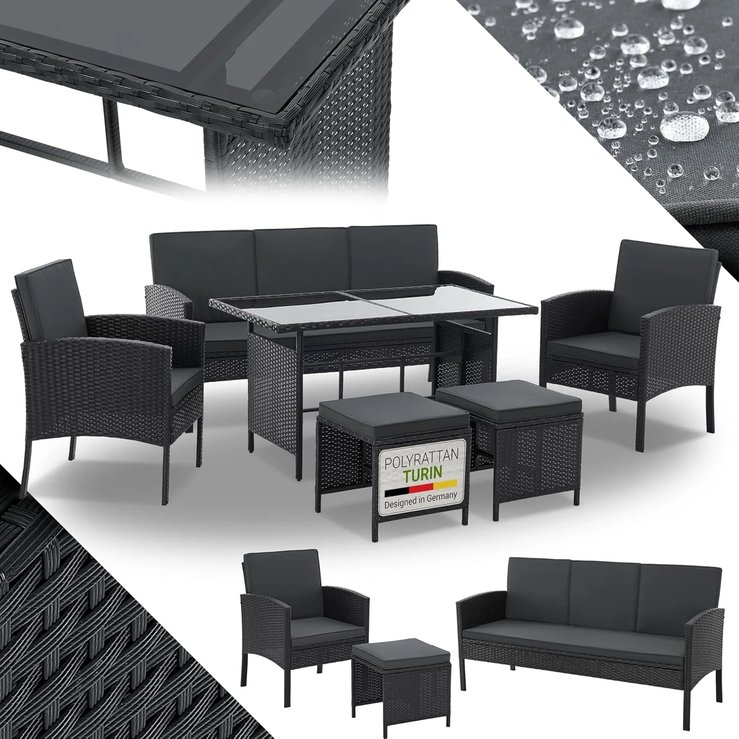 Juskys Garden Furniture Set Polyrattan 6-Piece - Lounge Furniture Turin for 7 People with Armchairs, Stools, Table & Cu…