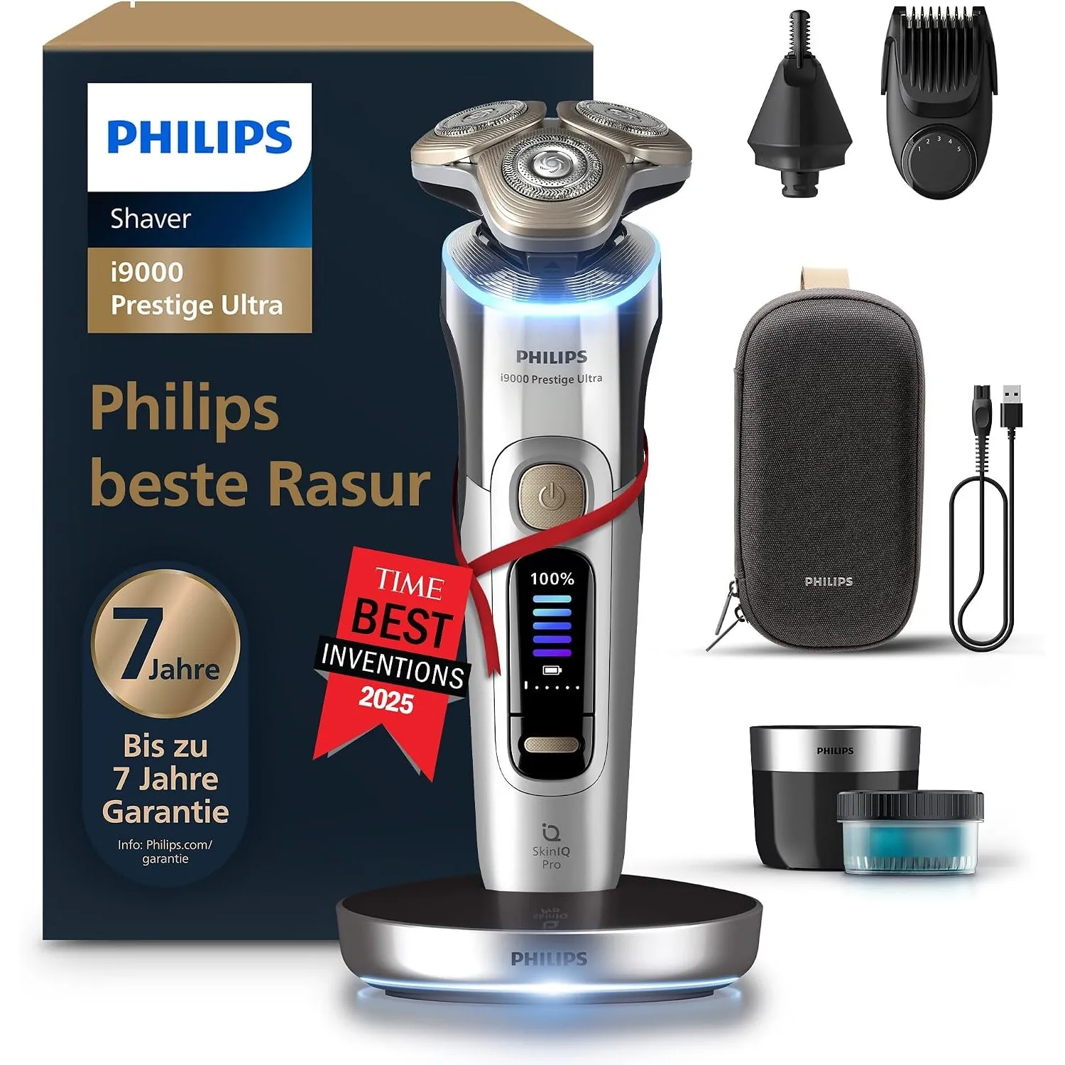 Philips Rasierer i9000 Prestige Ultra für Herren, Nass- und Trockenrasur, chrom, Druck- und Bewegungssensor, 5+1 Bartst…
