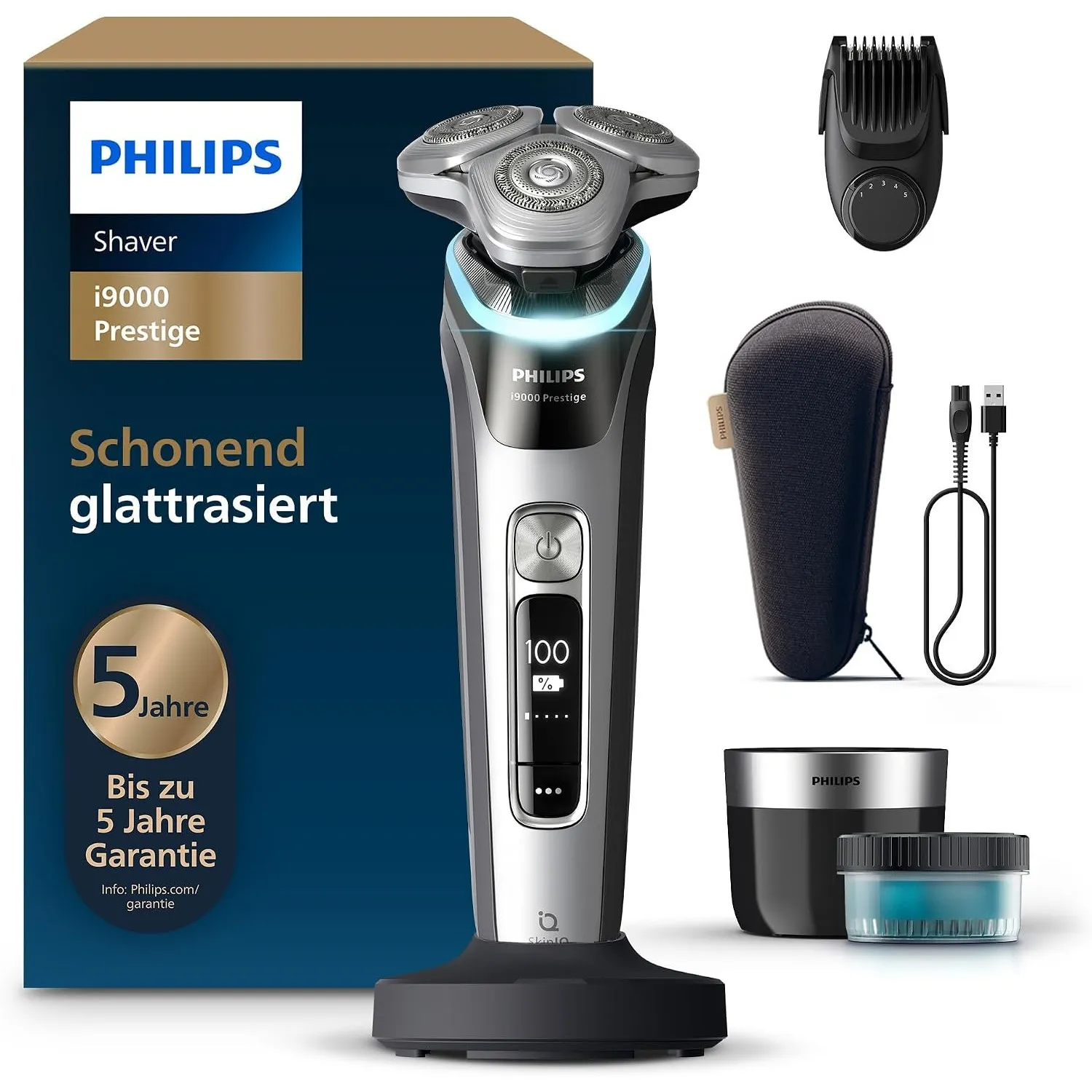 Philips Rasierer i9000 Prestige, Nass- und Trockenrasierer für Herren mit integriertem Trimmer, grau-silber, Drucksenso…
