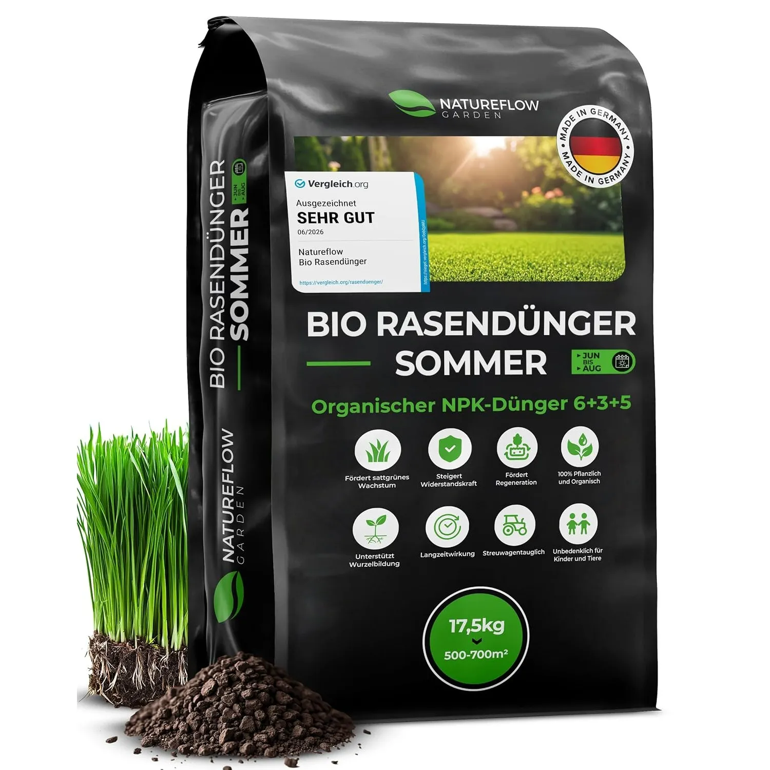 Bio Rasendünger Sommer TESTSIEGER Made in Germany – 17,5kg für 700qm - Organischer Rasendünger Bio für gesunden Boden &…