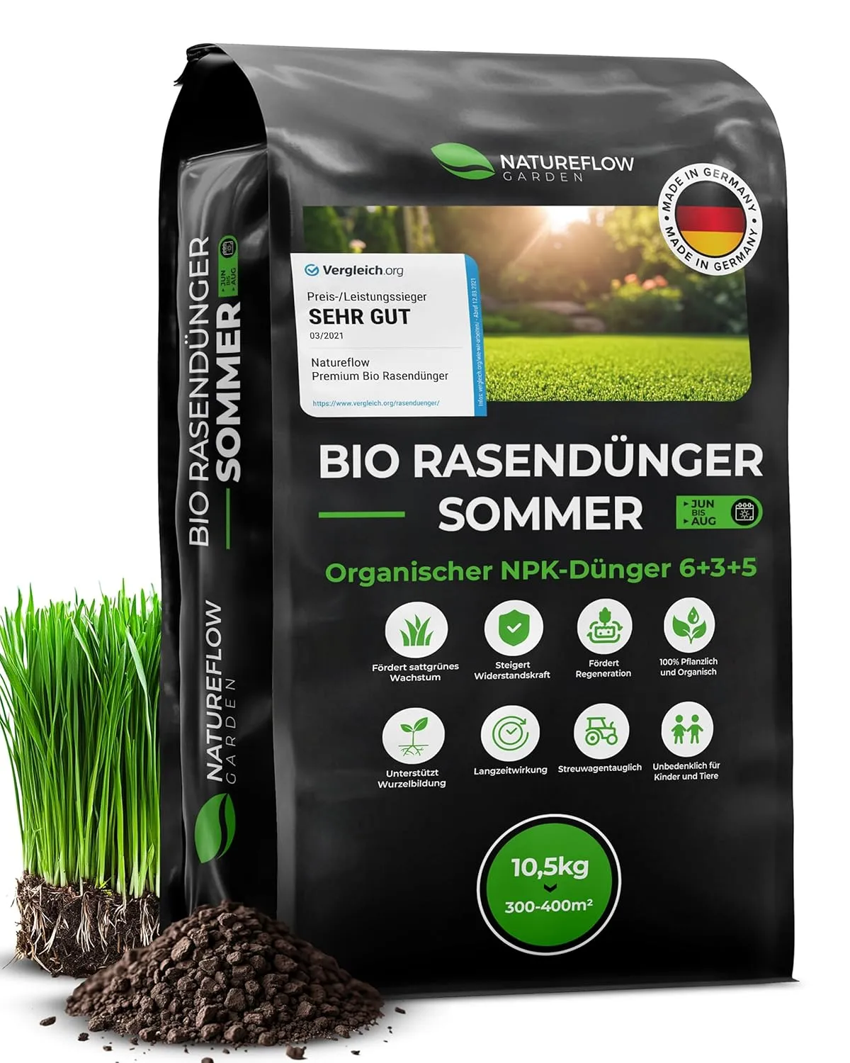 Organic Lawn Fertiliser Summer Test Winner Made in Germany - 10.5 kg for 400 m² - Organic Lawn Fertiliser Organic for H…