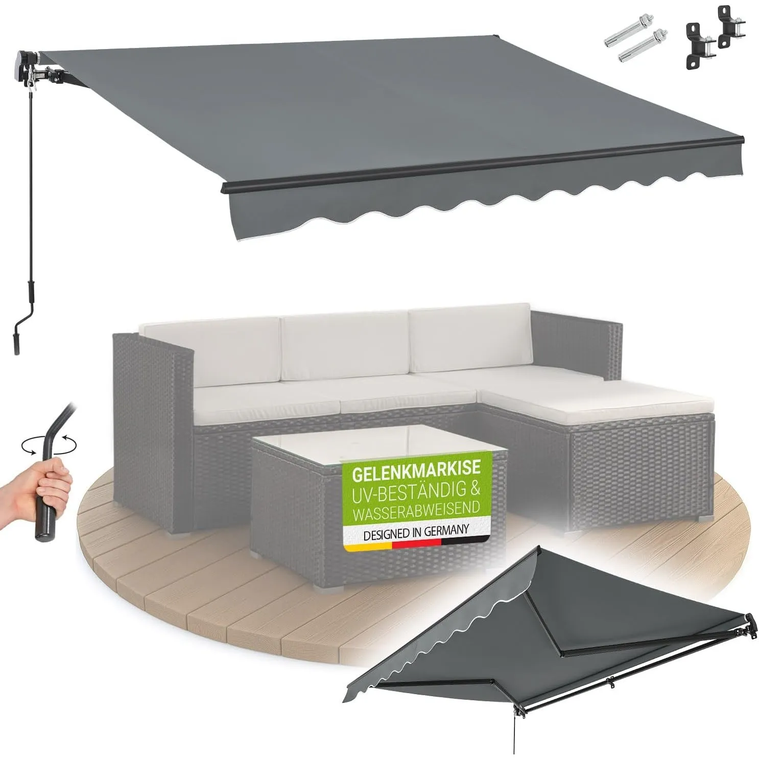 Juskys® Gelenkarmmarkise 400 x 300 cm, UV40+ & wasserabweisend, mit Kurbel & Wandhalterung Länge + Winkel einstellbar, …