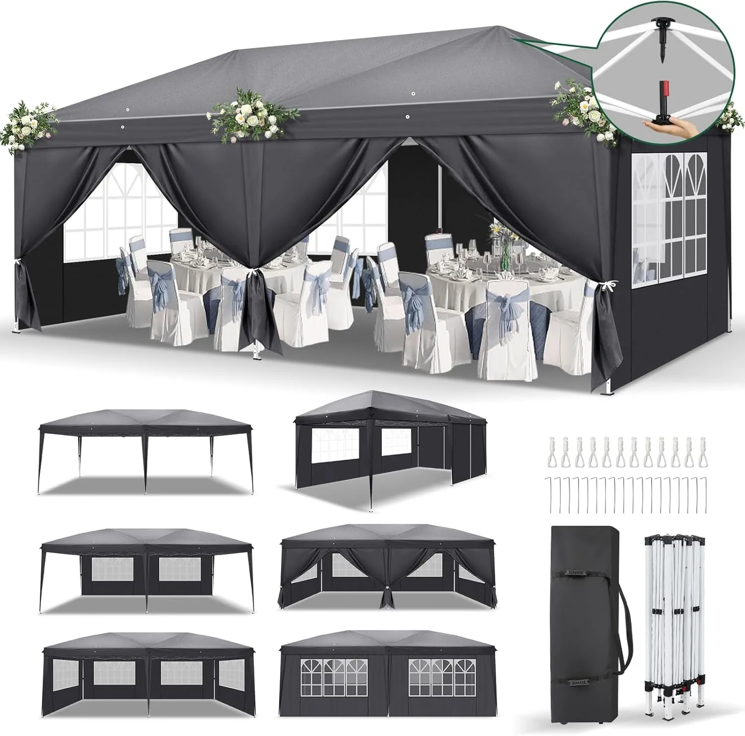 LEADZM Gazebo 3 x 6 m, One Click Lock Folding Gazebo, Waterproof, Winterproof, Height Adjustable, UV Protection 50+, Ga…