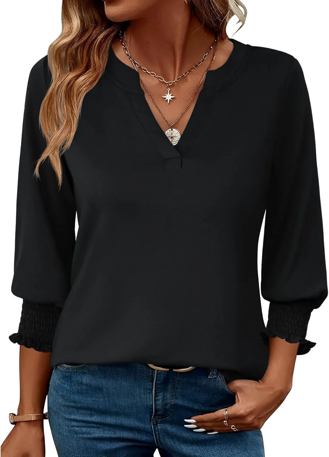 Rapbin Damen Bluse 3/4 arm Langerm V-Ausschnitt Tunika Sommer Tops Locker Shirt Elegant Lässig Oberteil Blusen 2026