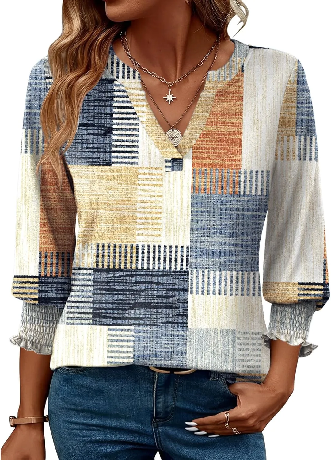 Rapbin Damen Bluse 3/4 arm Langerm V-Ausschnitt Tunika Sommer Tops Locker Shirt Elegant Lässig Oberteil Blusen 2026