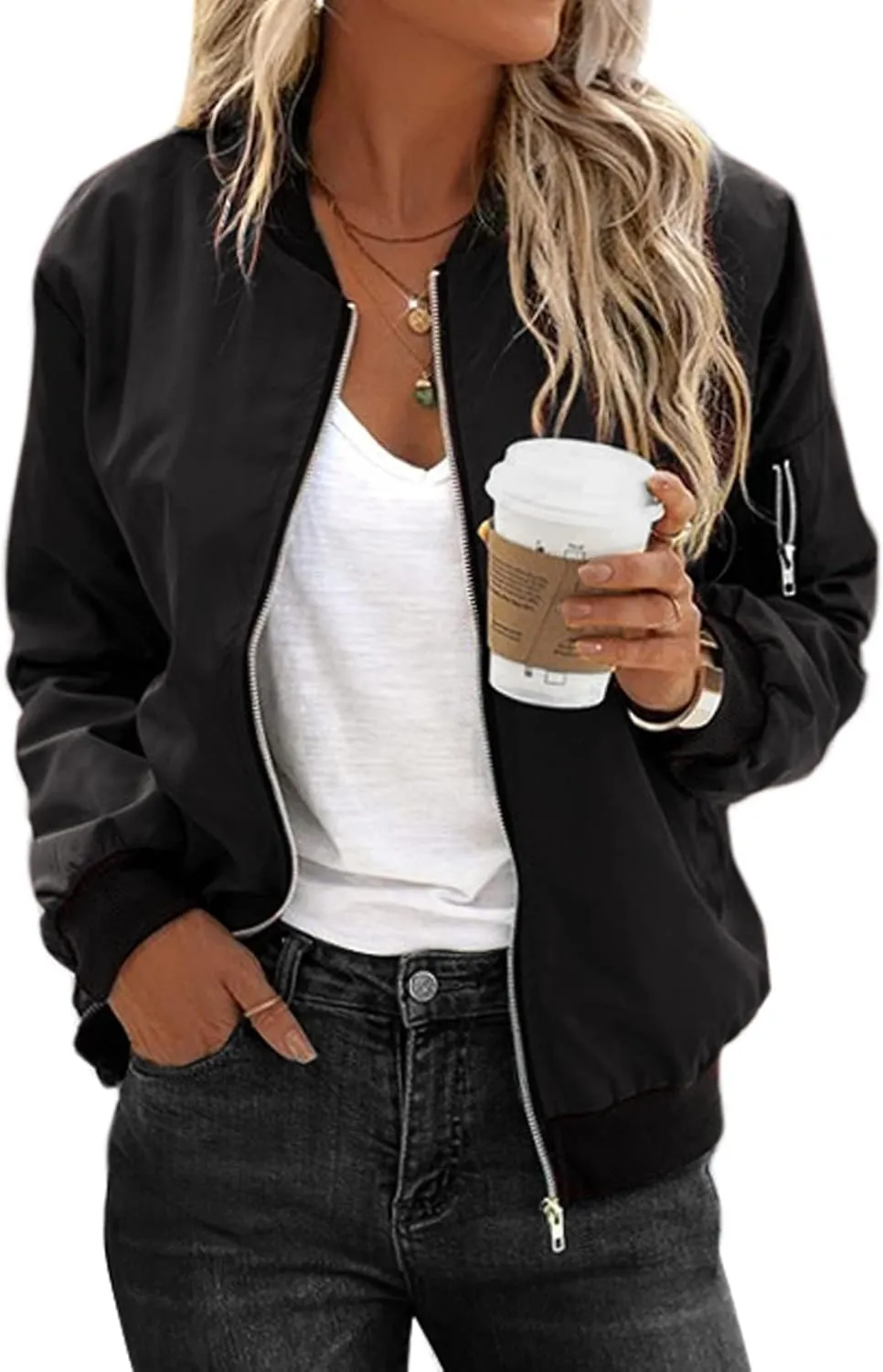 Zeagoo Bomberjacke Damen Kurze Blouson Jacke Casual Pilotenjacke Langarm Outwear Zip Up Solid Leichte Coat Sweatjacke