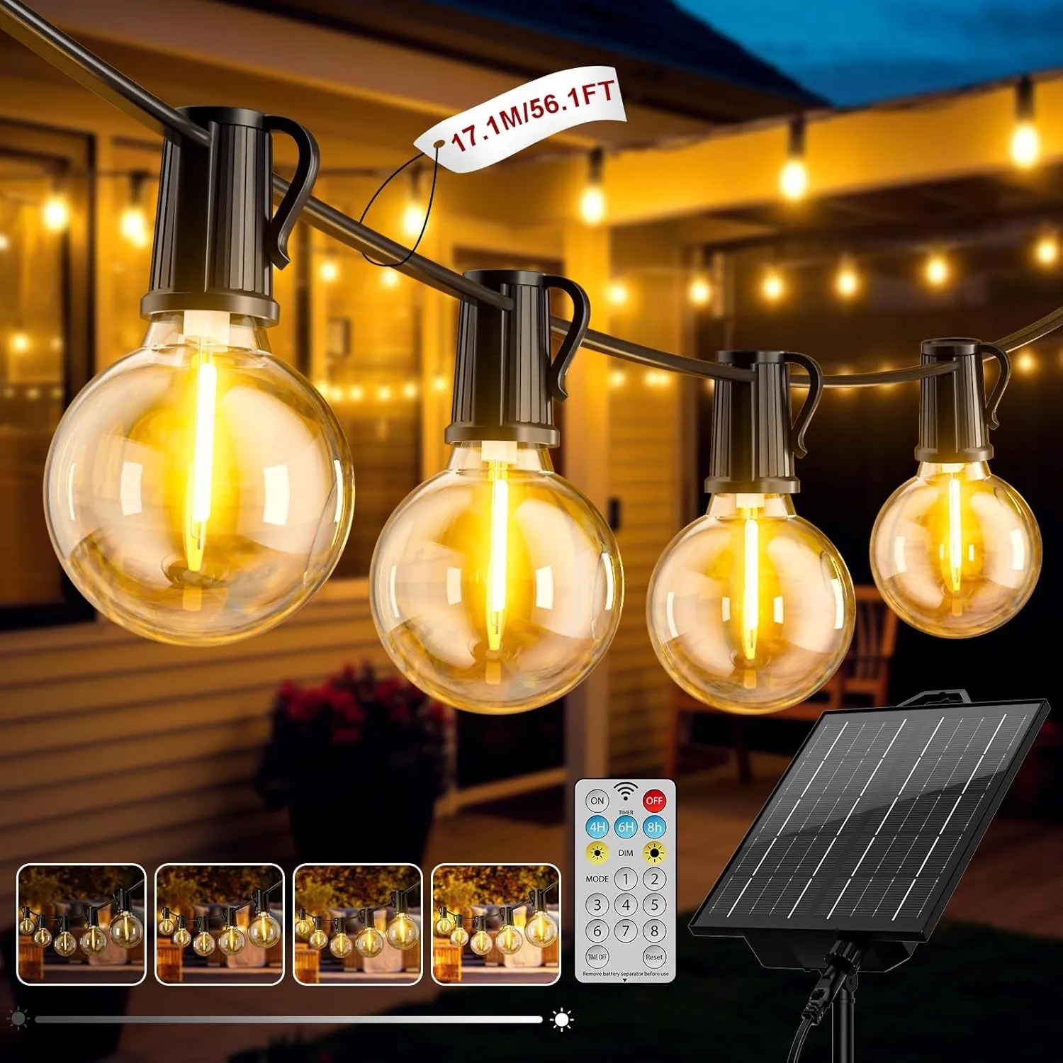 Solar Lichterkette Aussen, 17.1M/56.1FT LED Solarlichterkette Außen Wetterfest 8 Modi, 24+1 G40 Lichterketten, 3600 mAH…