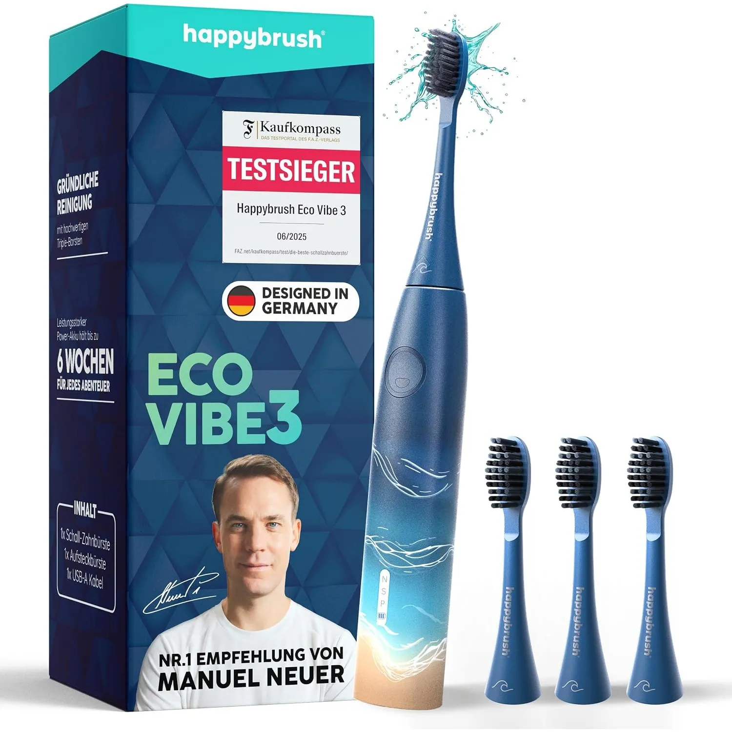 happybrush® Schallzahnbürste Eco Vibe 3 – TESTSIEGER – 100 Tage testen - Elektrische Zahnbürste mit 8 Wochen Akku – Ult…