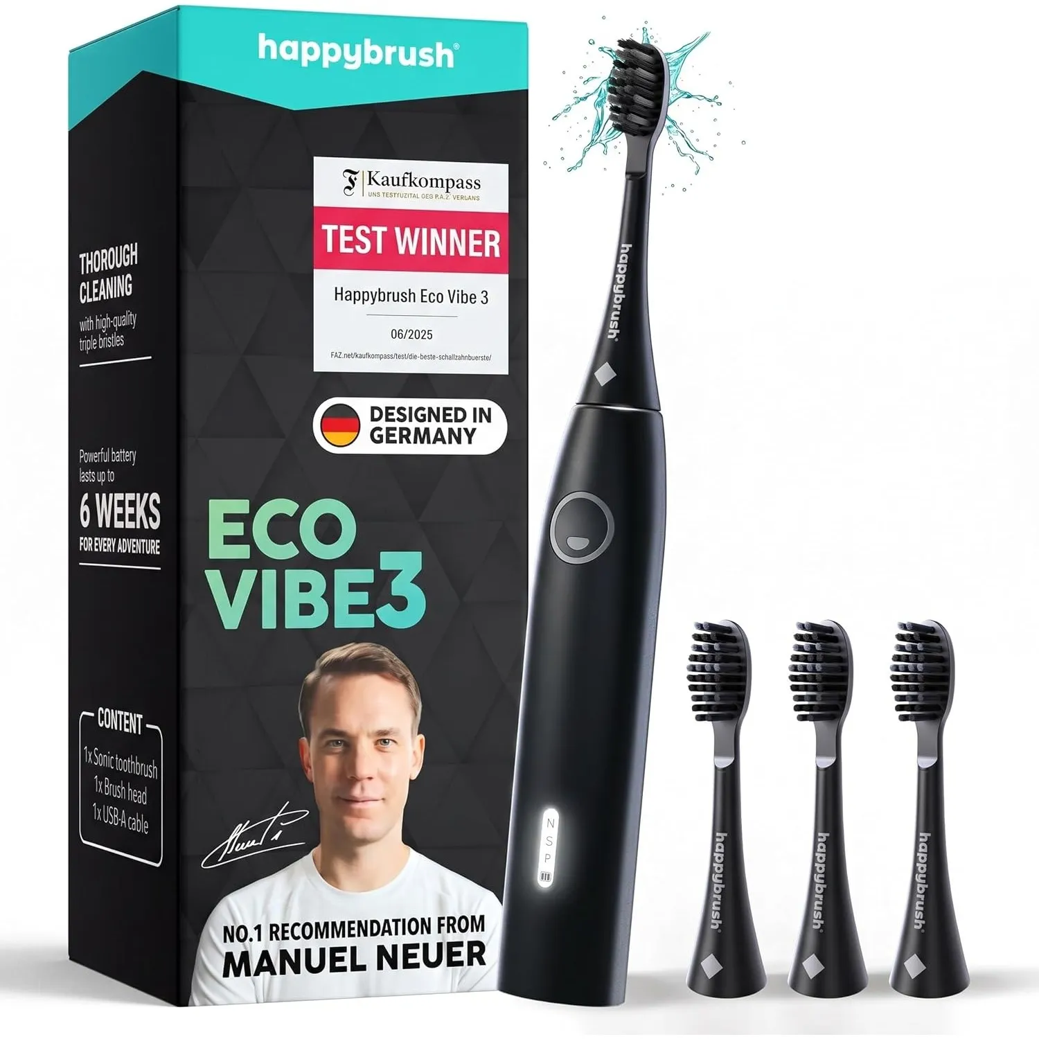 happybrush Eco Vibe 3 Schallzahnbürste – Testsieger* – Elektrische Zahnbürste mit 6 Wochen Akku – 100% recyceltes Gehäu…
