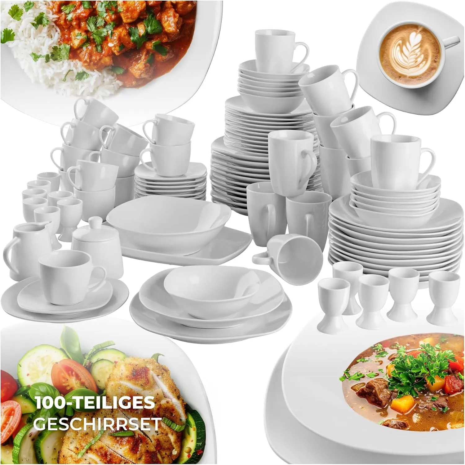 tectake® Geschirrset 12 Personen, Porzellan Geschirr Set 100tlg, u.a. 12x Dinner Teller Set, 12x Dessertteller, 12x tie…