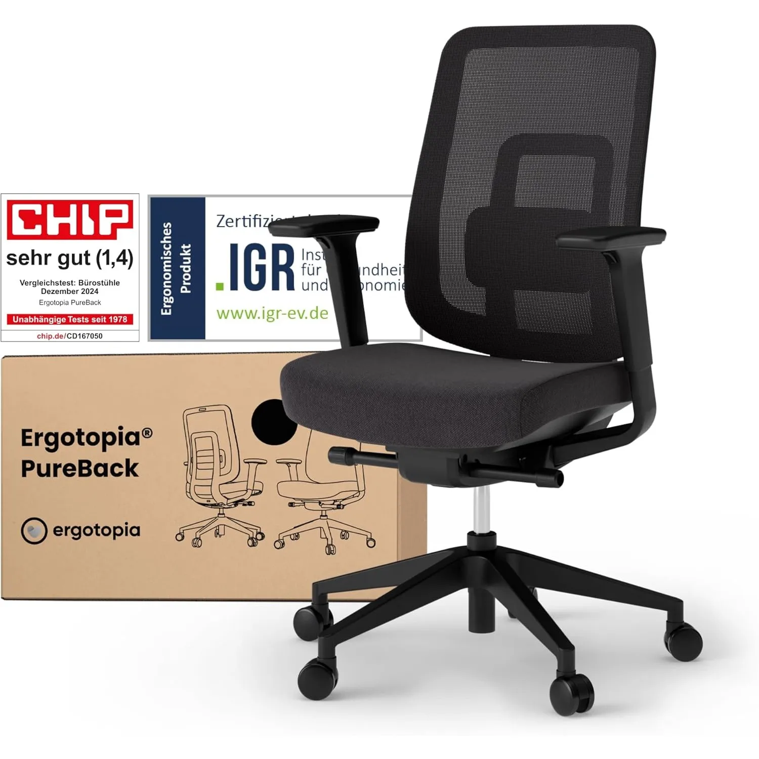 Ergotopia PureBack ergonomischer Bürostuhl – Schreibtischstuhl ergonomisch mit 4D-Armlehnen & Synchronmechanik – Bürost…
