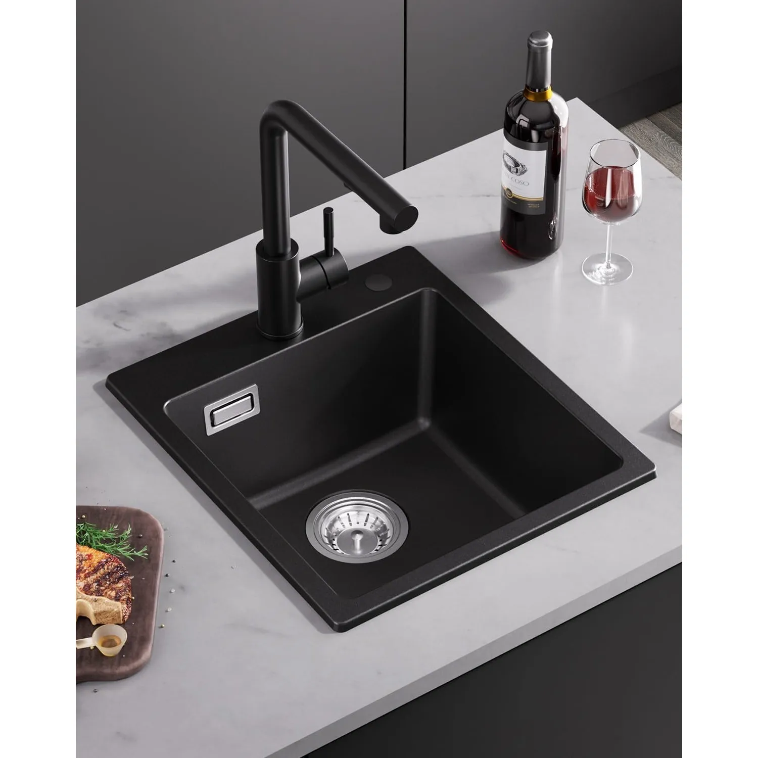 Spülbecken küche 40x45cm, Spüle Granit Eckig Küchenspüle mit Siphon