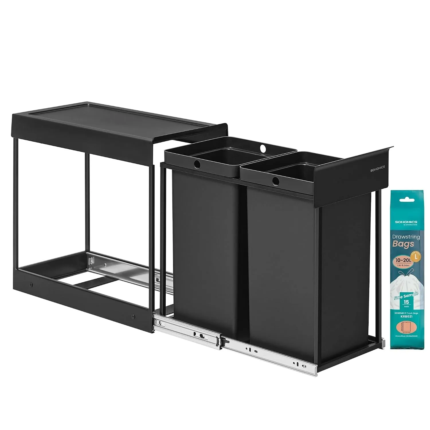 SONGMICS Mülleimer küche, Mülltrennsystem für Unterschrank, 2 x 15 L, Abfalleimer 2 Fächer, ausziehbar, Stahlrahmen, AB…