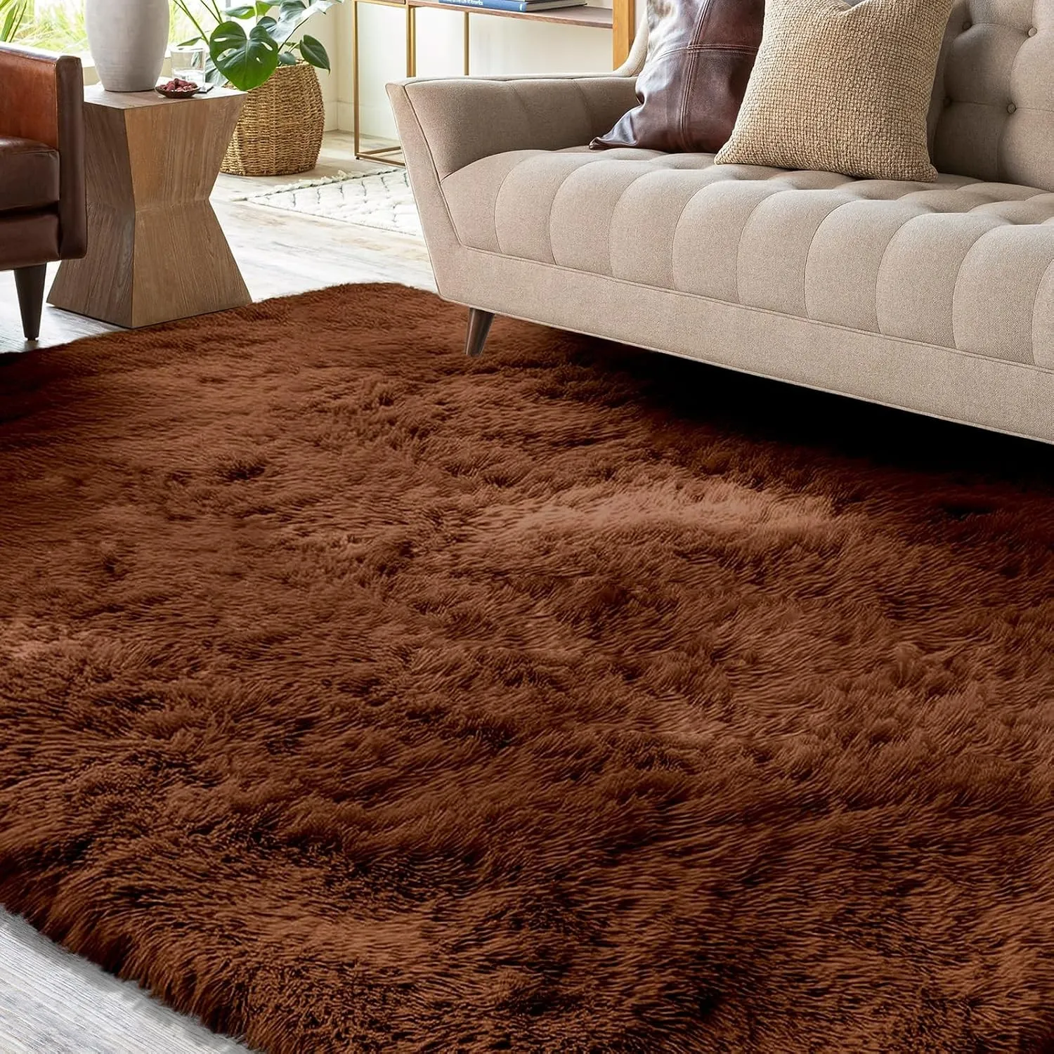XSIVOD Hochflor Teppich Braun 80x160 cm, Weicher Teppich Wohnzimmer