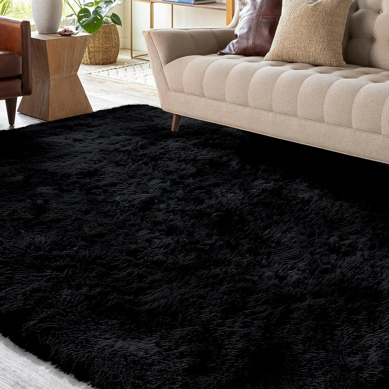 XSIVOD Hochflor Teppich Schwarz 120x160 cm, Weicher Teppich Wohnzimmer