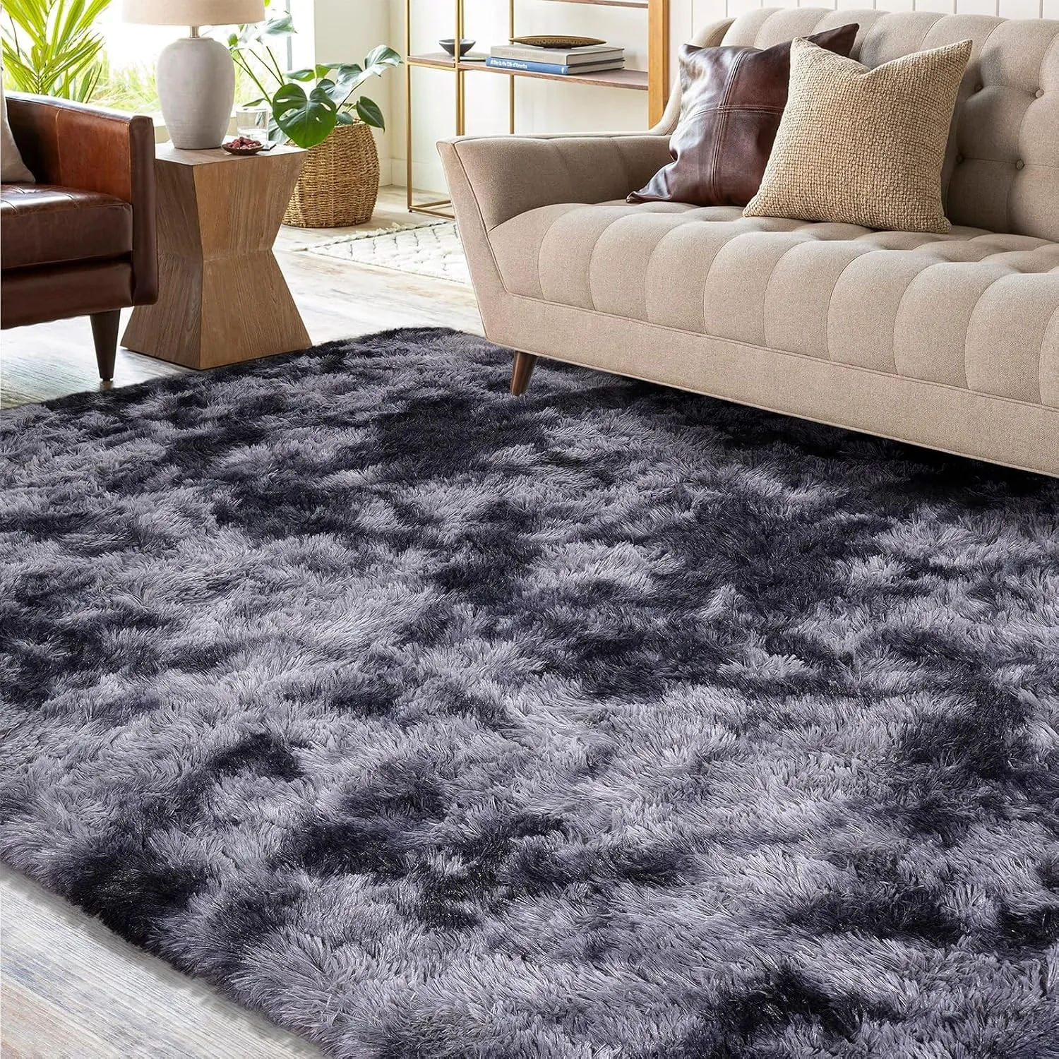 XSIVOD Hochflor Teppich Dunkelgrau 160x230 cm, Weicher Teppich Wohnzimmer