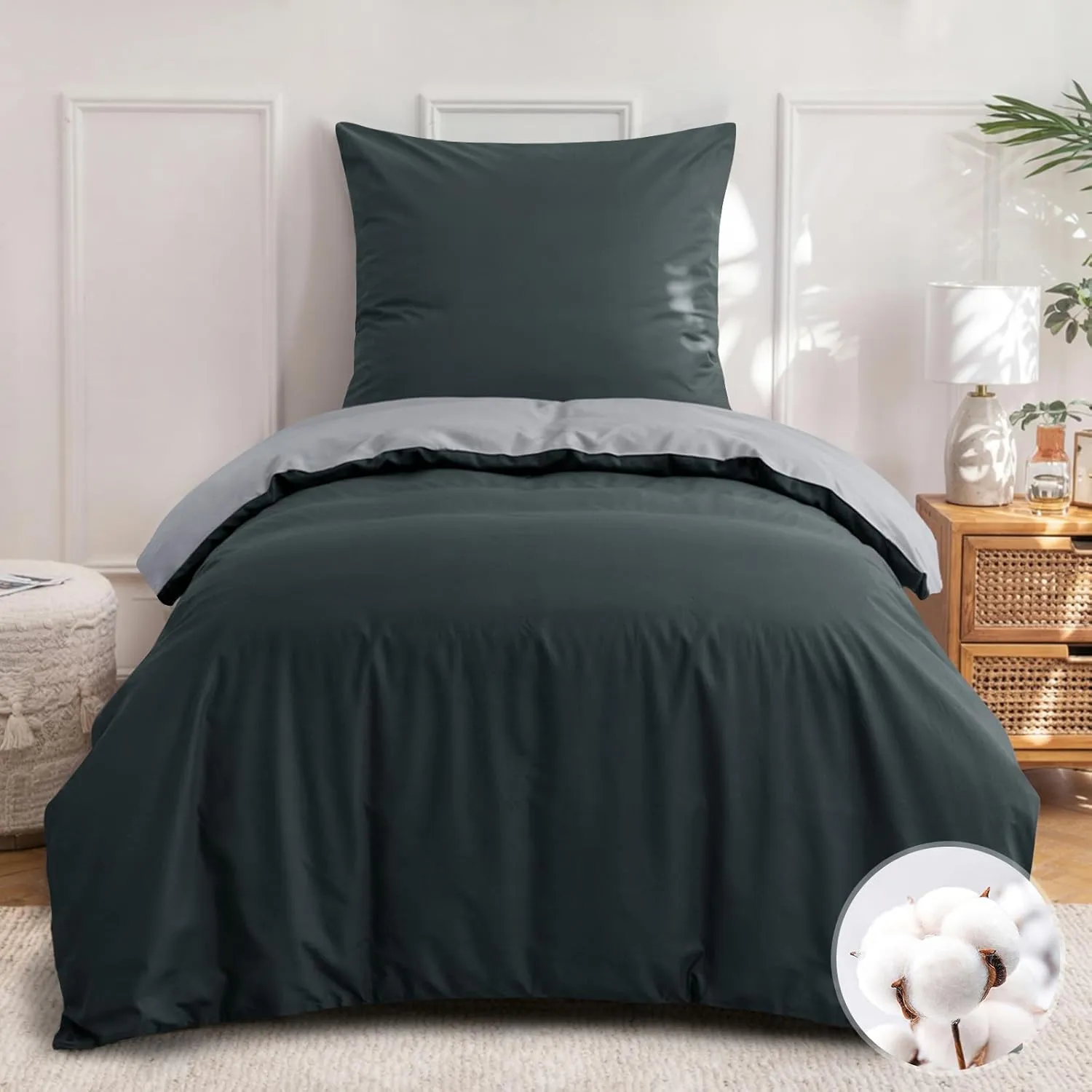 Aisbo Bed Linen 140 x 200 cm Cotton - Bed Linen Sets Anthracite Grey Reversible Bedding Set with Pillowcase 80 x 80 cm,…