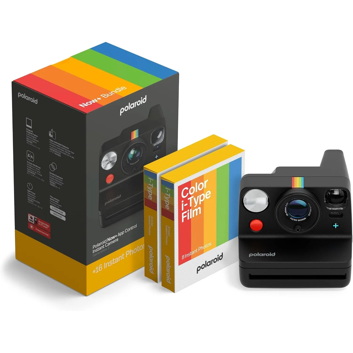 Polaroid - Now+ Gen 3 - Sofortbildkamera mit Bluetooth-Verbindung - Bundle Kamera + Farbfilm (16 Fotos) Schwarz (6562)