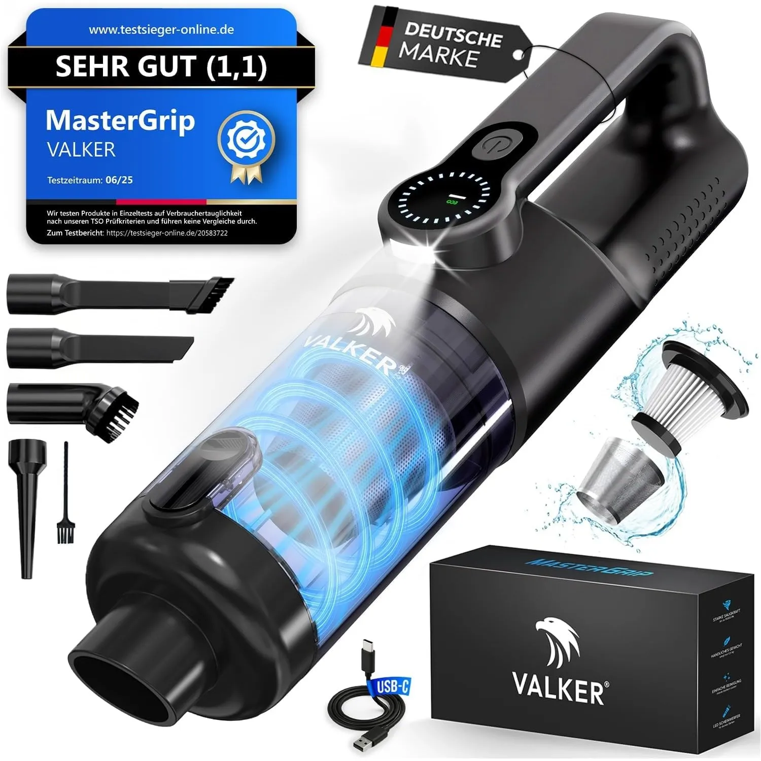 VALKER® Handstaubsauger Akku [TESTSIEGER] Starke Saugleistung 80000 RPM | Druckluft Funktion 2-in-1, Waschbarer HEPA-Fi…