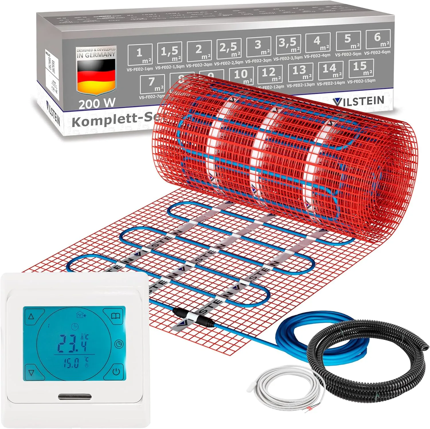 VILSTEIN Elektrische Fußbodenheizung 200W/m², für Fliesen Laminat und mehr, Komplett-Set, Twin Technologie Heizsystem, …