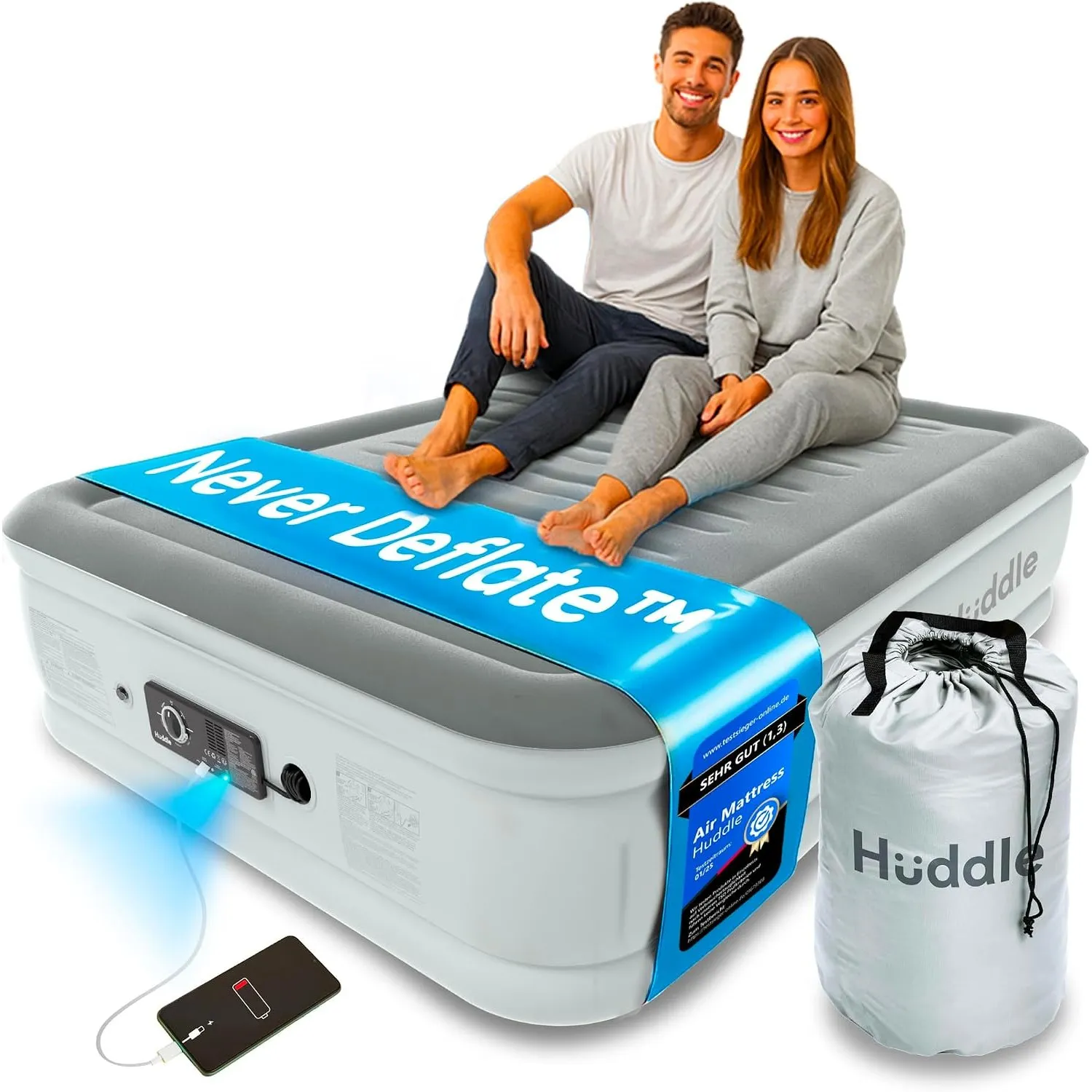 Huddle Never Deflate™ Luftbett 2 Personen 135 x 190 cm, selbstaufblasende Luftmatratze mit Pumpe, perfekte Gästematratz…